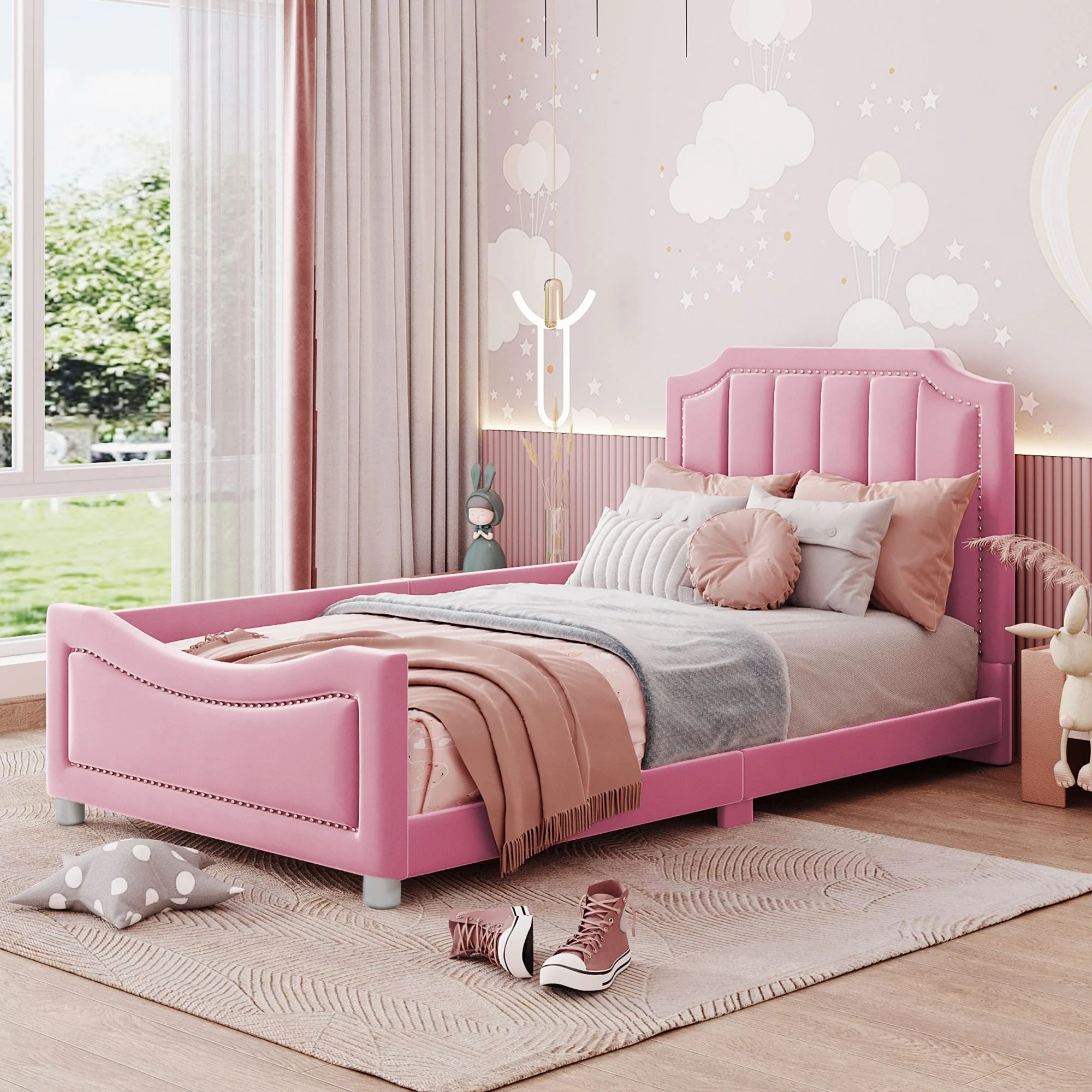 90×200cm Children’s Upholstered Sofa Bed in Pink Flannel