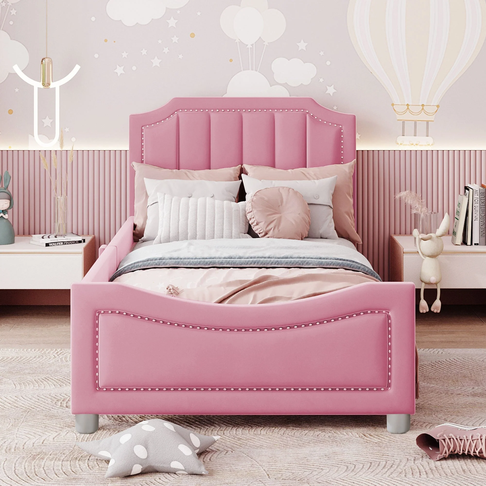 90×200cm Children’s Upholstered Sofa Bed in Pink Flannel - Image 2