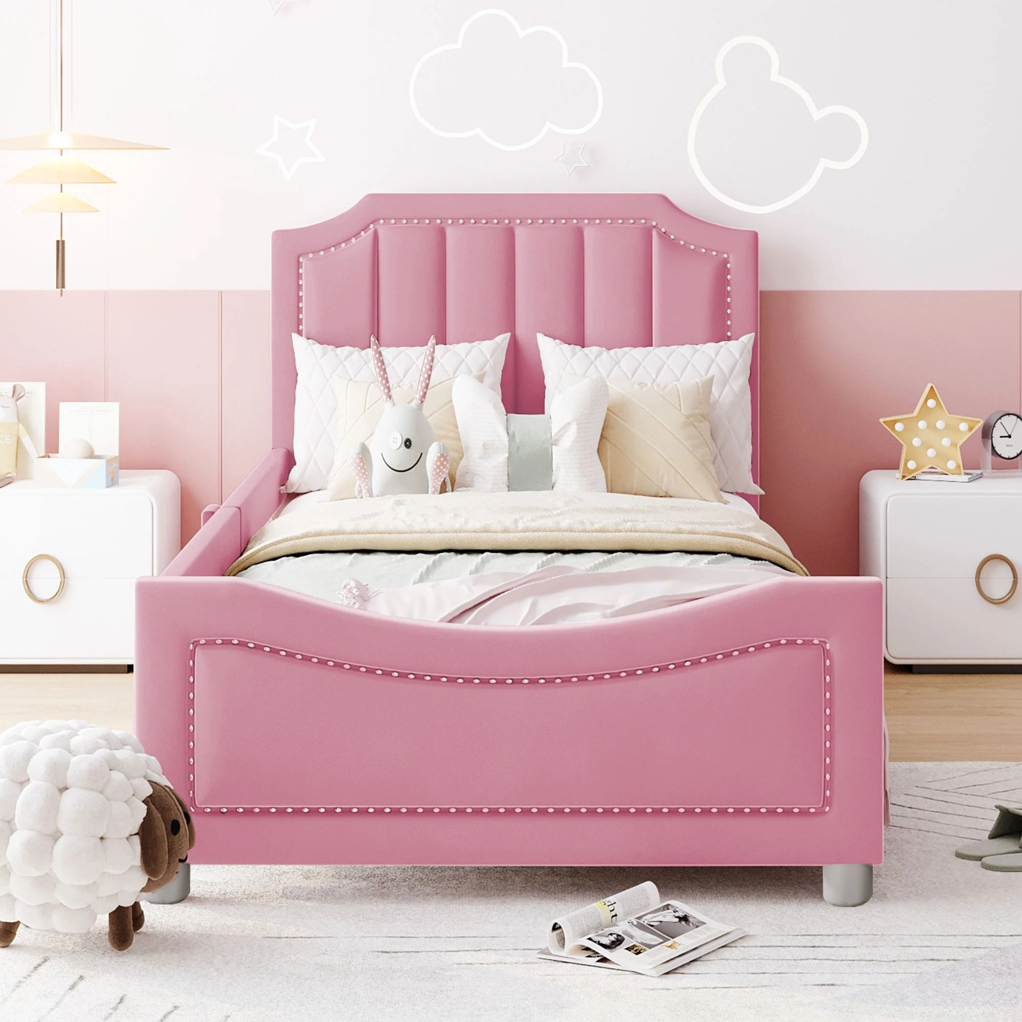 90×200cm Children’s Upholstered Sofa Bed in Pink Flannel - Image 4