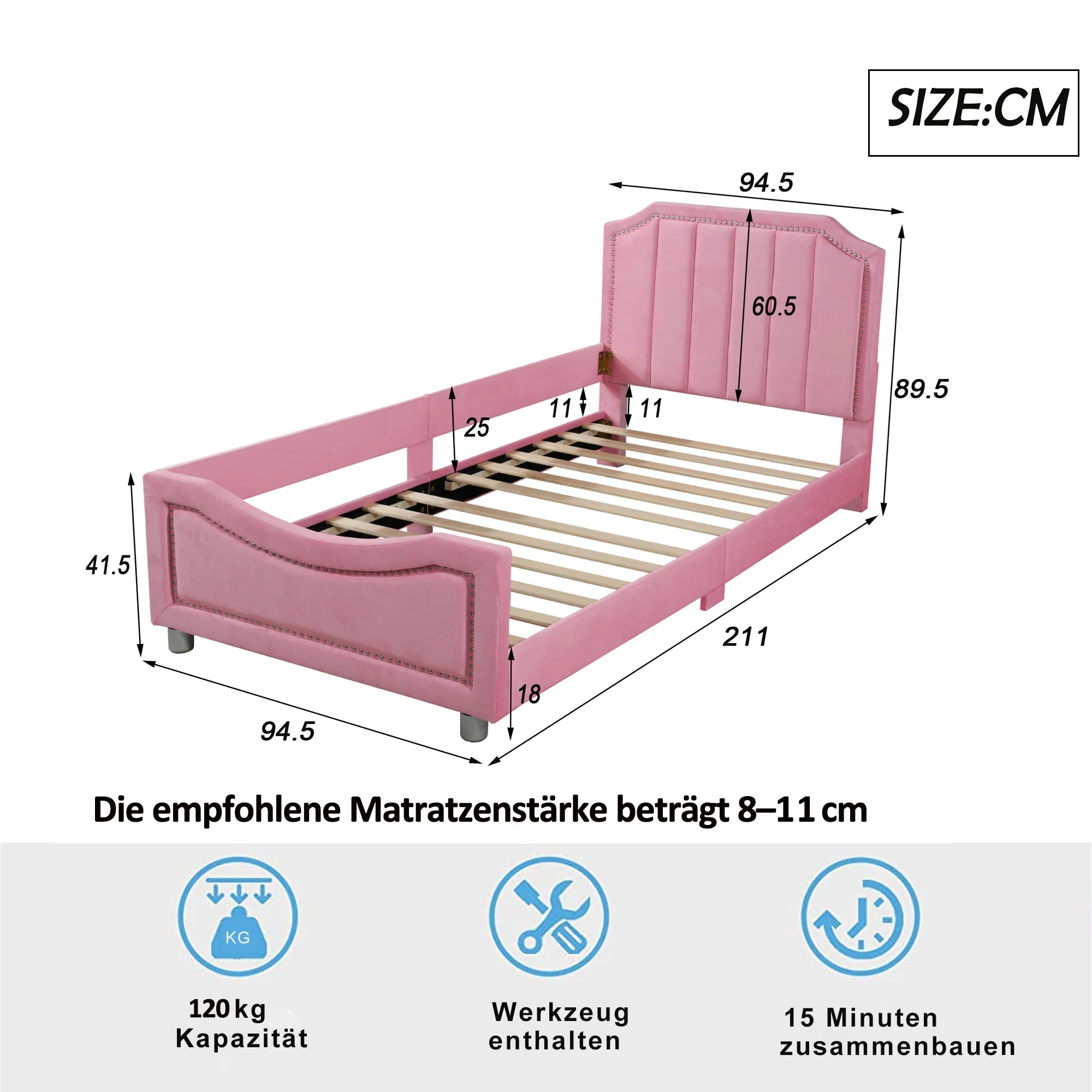 90×200cm Children’s Upholstered Sofa Bed in Pink Flannel - Image 6