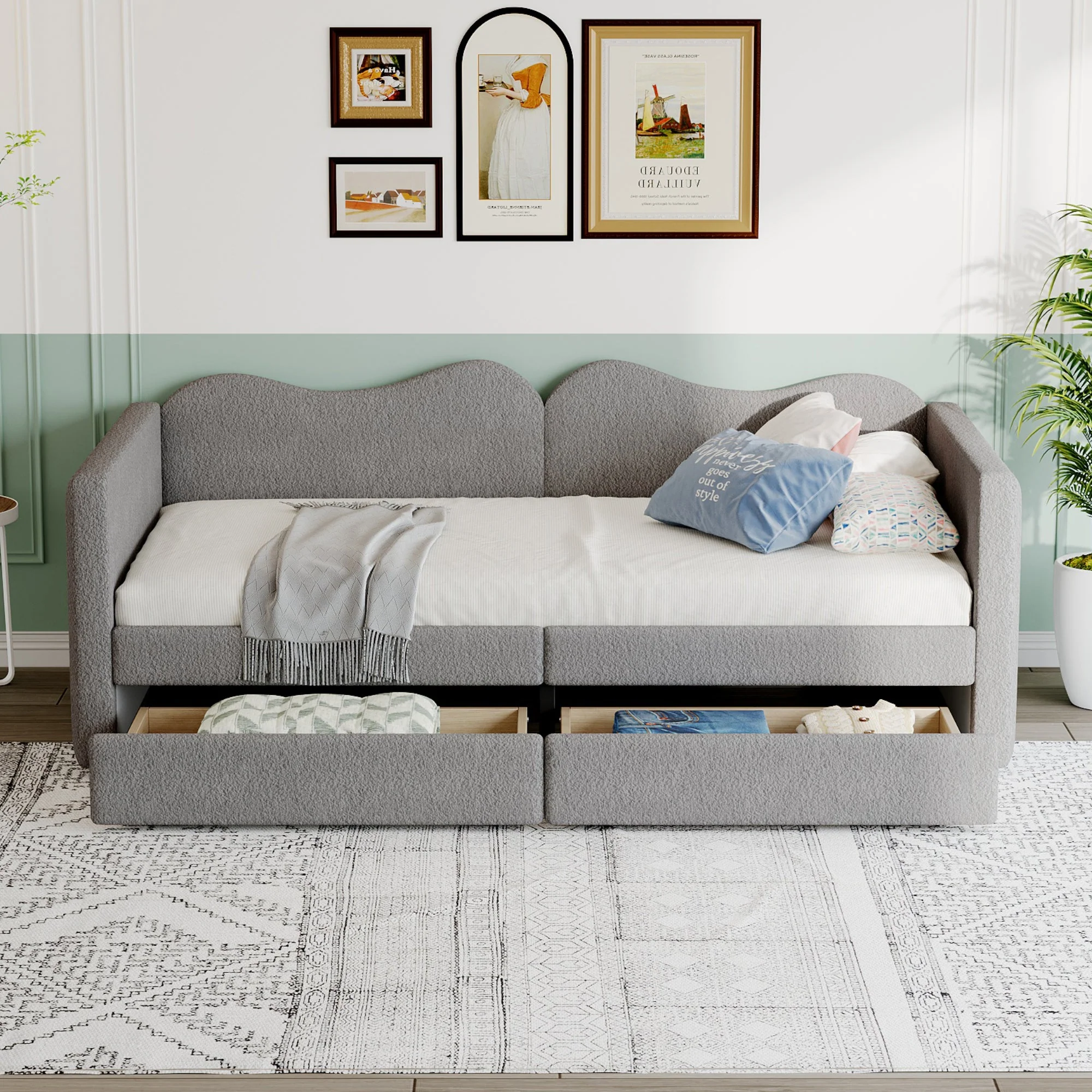 Children's Bed, Upholstered Sofa Bed with 2 Drawers, Teddy Bear Fabric, Gray - Image 2