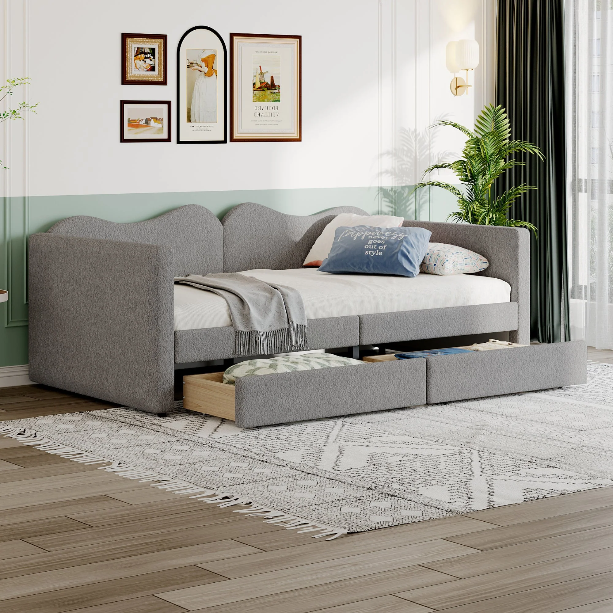 Children's Bed, Upholstered Sofa Bed with 2 Drawers, Teddy Bear Fabric, Gray - Image 3