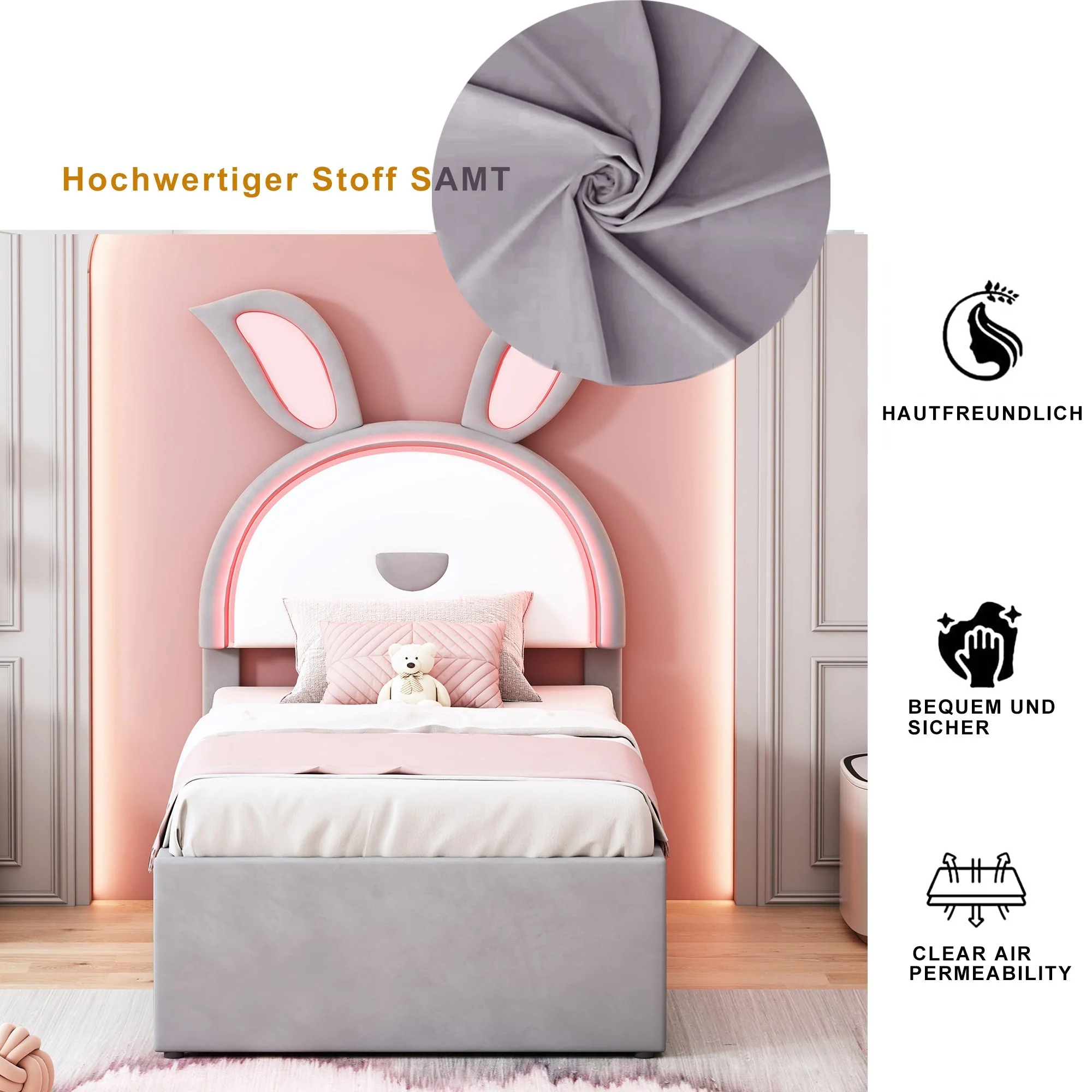 Children's Bed, Upholstered Sofa with Pull-Out, Storage & LED, Gray Velvet - Image 6
