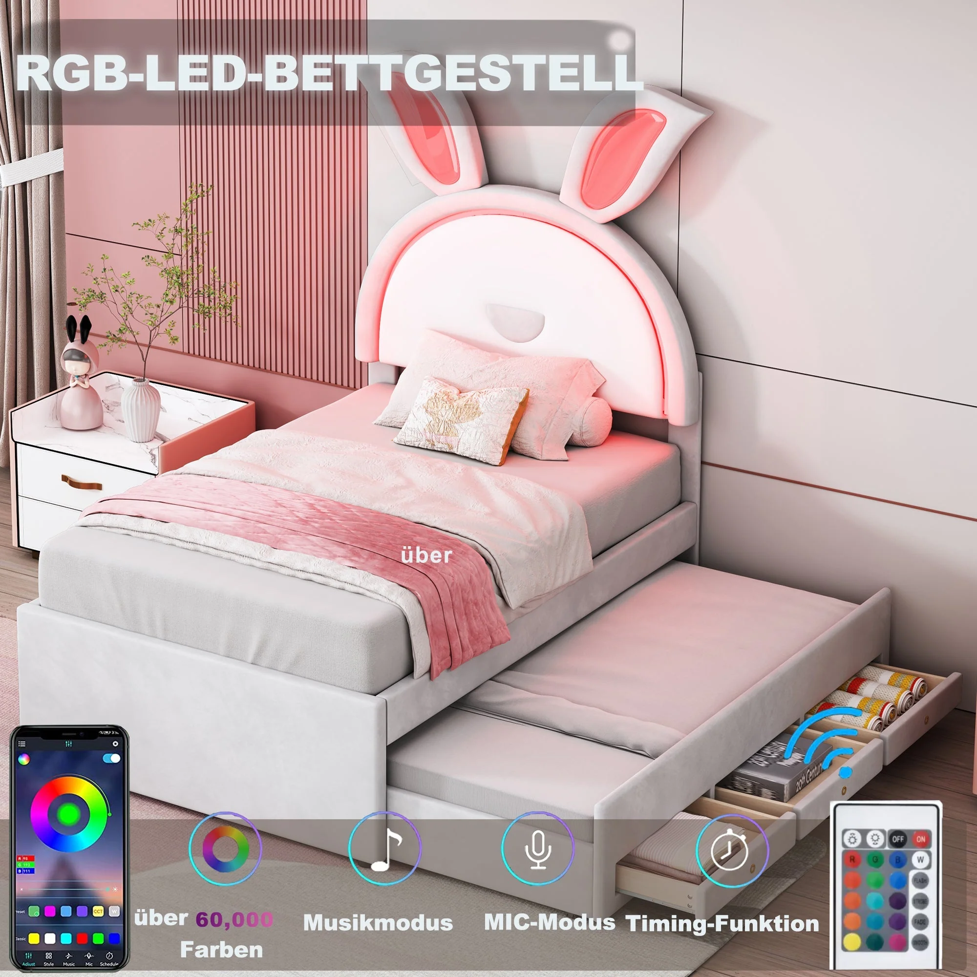 Children's Bed Upholstered Sofa with Pull-Out, Storage & LED Light, Beige Velvet - Image 5