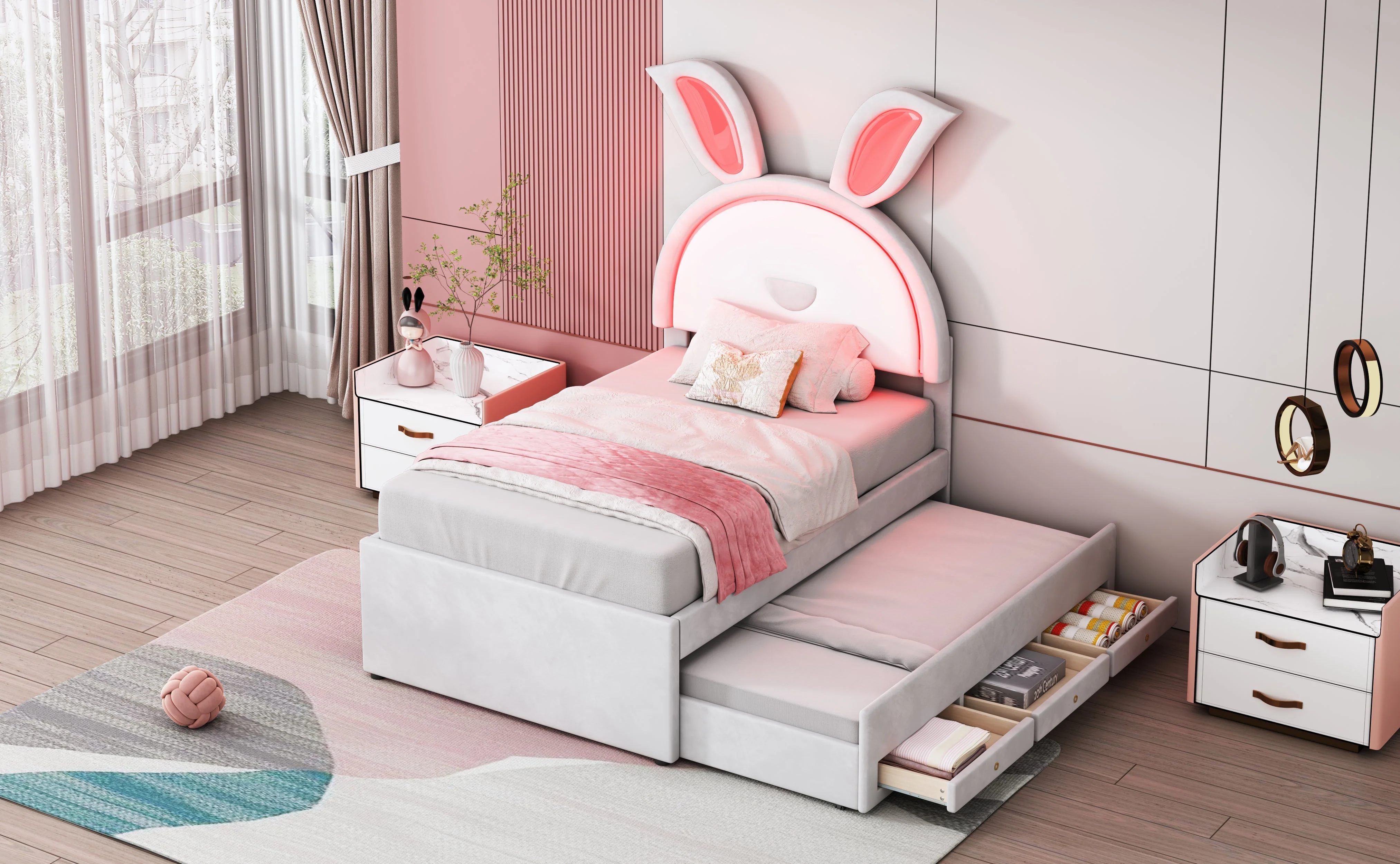 Children's Bed Upholstered Sofa with Pull-Out, Storage & LED Light, Beige Velvet - Image 7