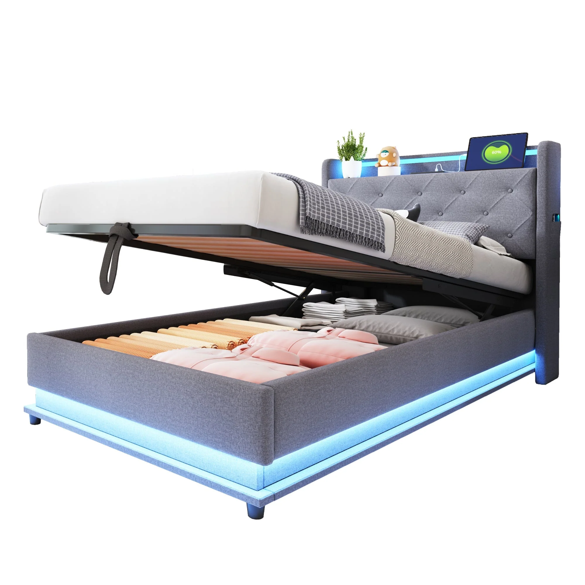 Children's Bed, Upholstered with Lights, USB, Storage, Gray Linen - Image 9