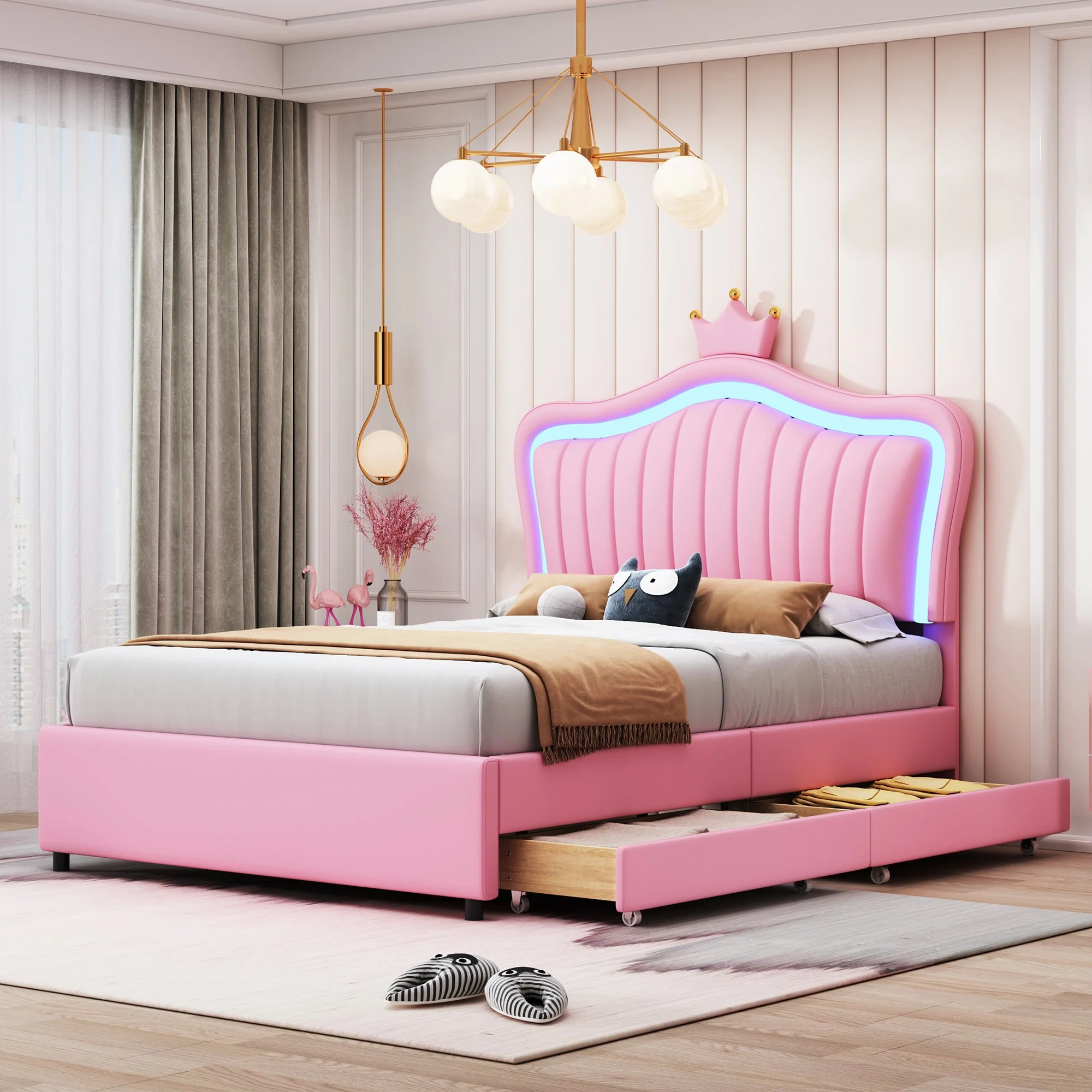 Children's Bed, Upholstered with Storage Drawers & LED Lights, Pink PU Leather