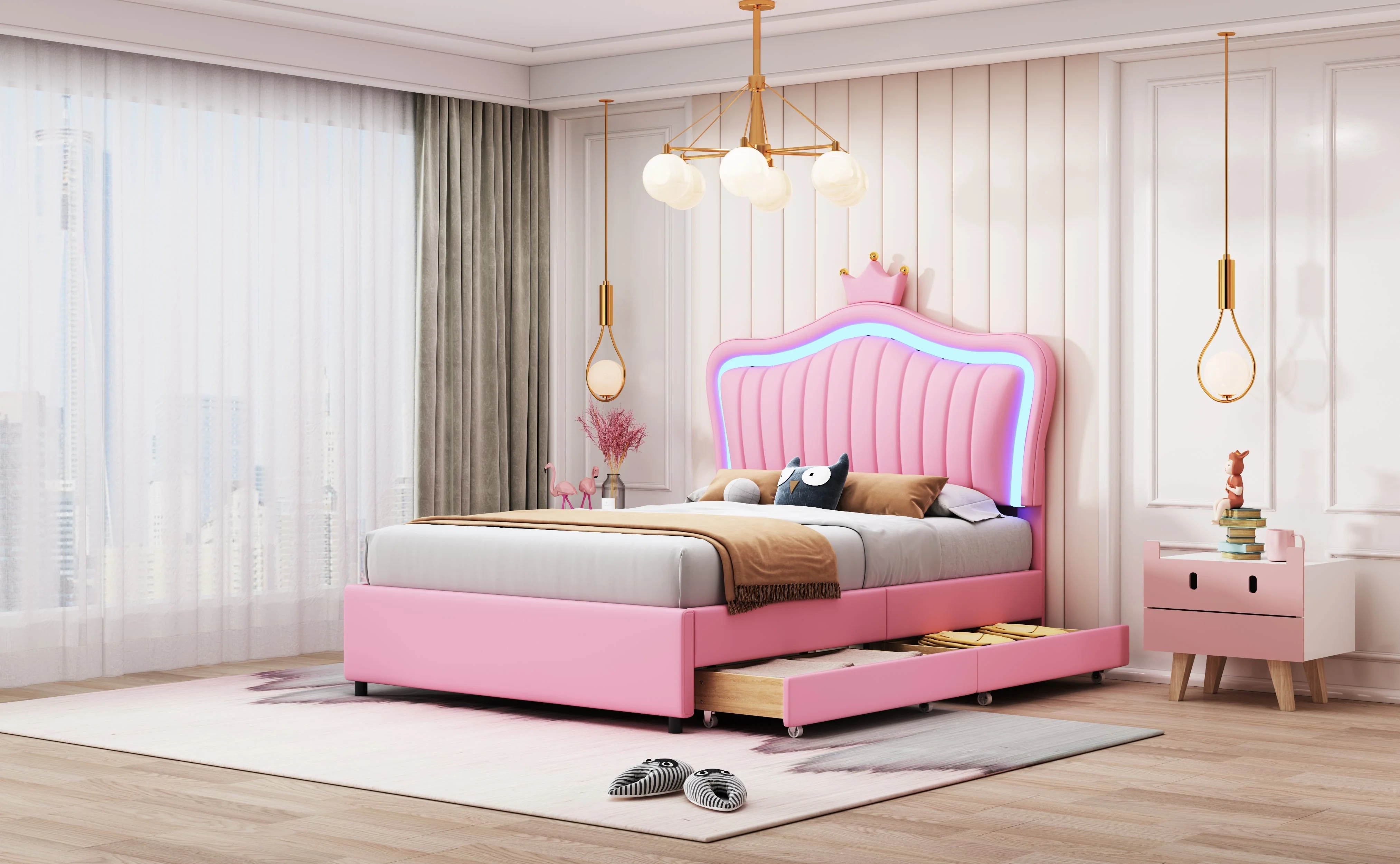 Children's Bed, Upholstered with Storage Drawers & LED Lights, Pink PU Leather - Image 8