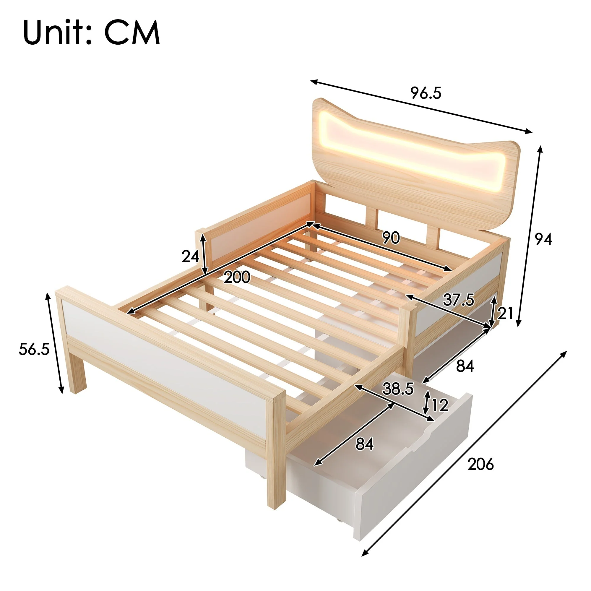 Children's Bed with Cat Ear Headboard, RGB LED Lighting, Drawer and Safety Rails, 90x200cm, White and Oak - Image 2