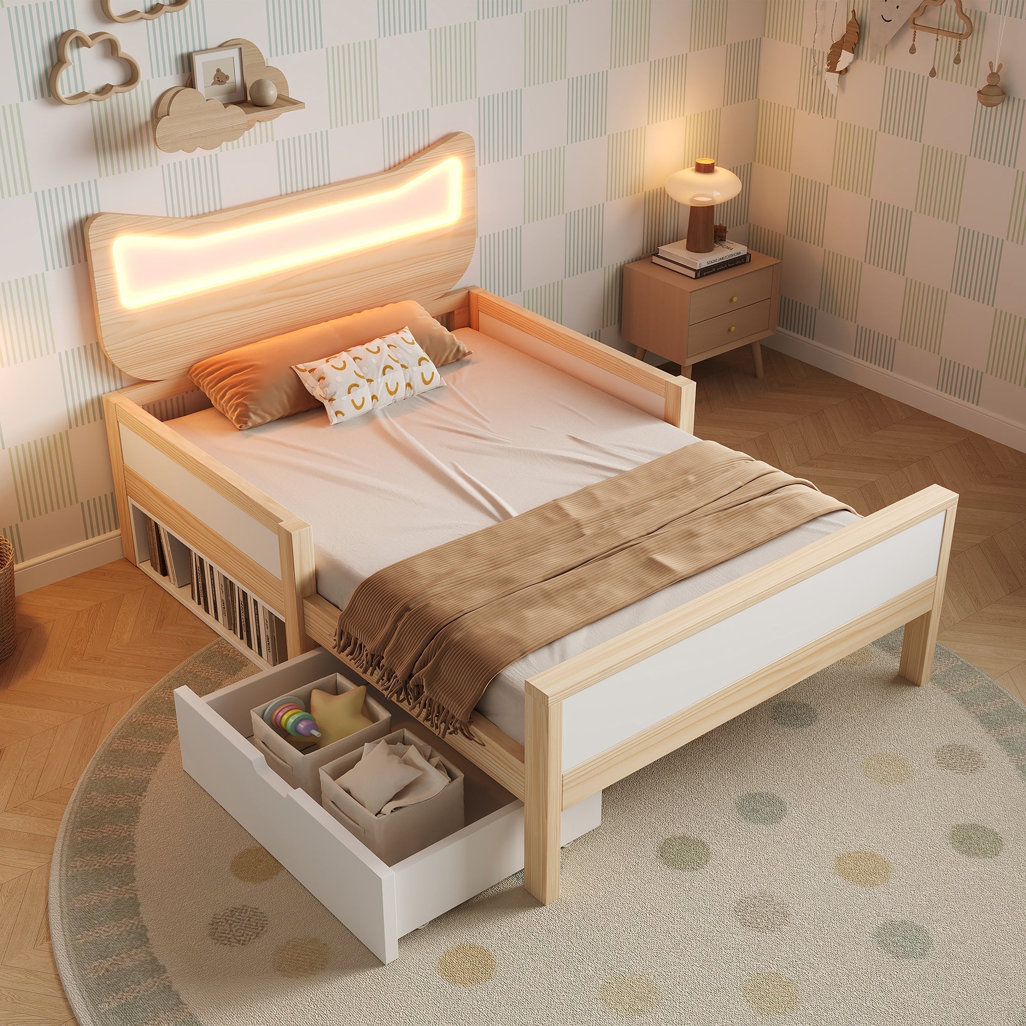 Children's Bed with Cat Ear Headboard, RGB LED Lighting, Drawer and Safety Rails, 90x200cm, White and Oak - Image 8