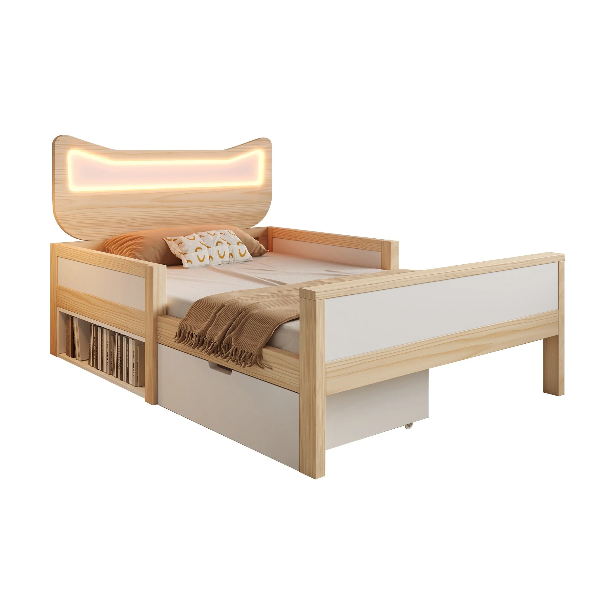 Children's Bed with Cat Ear Headboard, RGB LED Lighting, Storage Drawer and Safety Rails, 90x190cm, White and Oak - Image 7