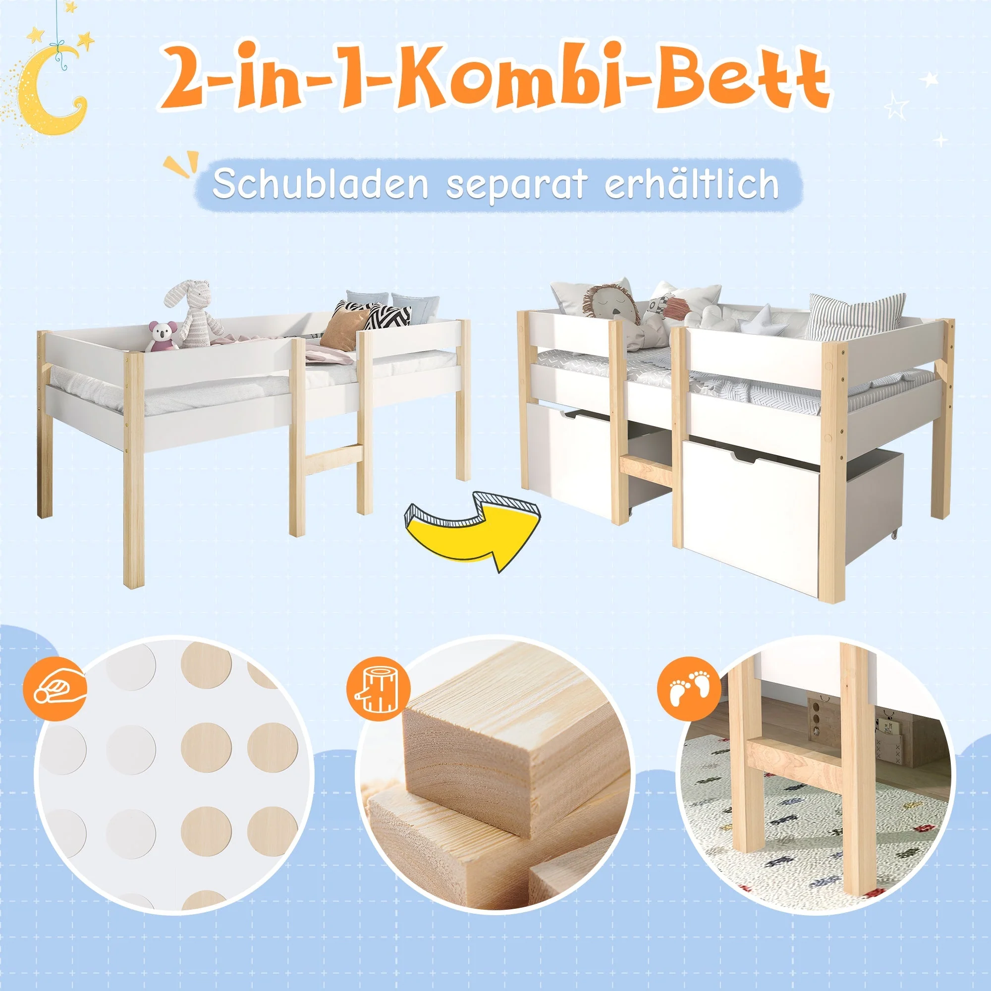 Children's Bed with Drawer and Fall Protection, 90x200 cm, Solid Pine Wood White & Oak - Image 3