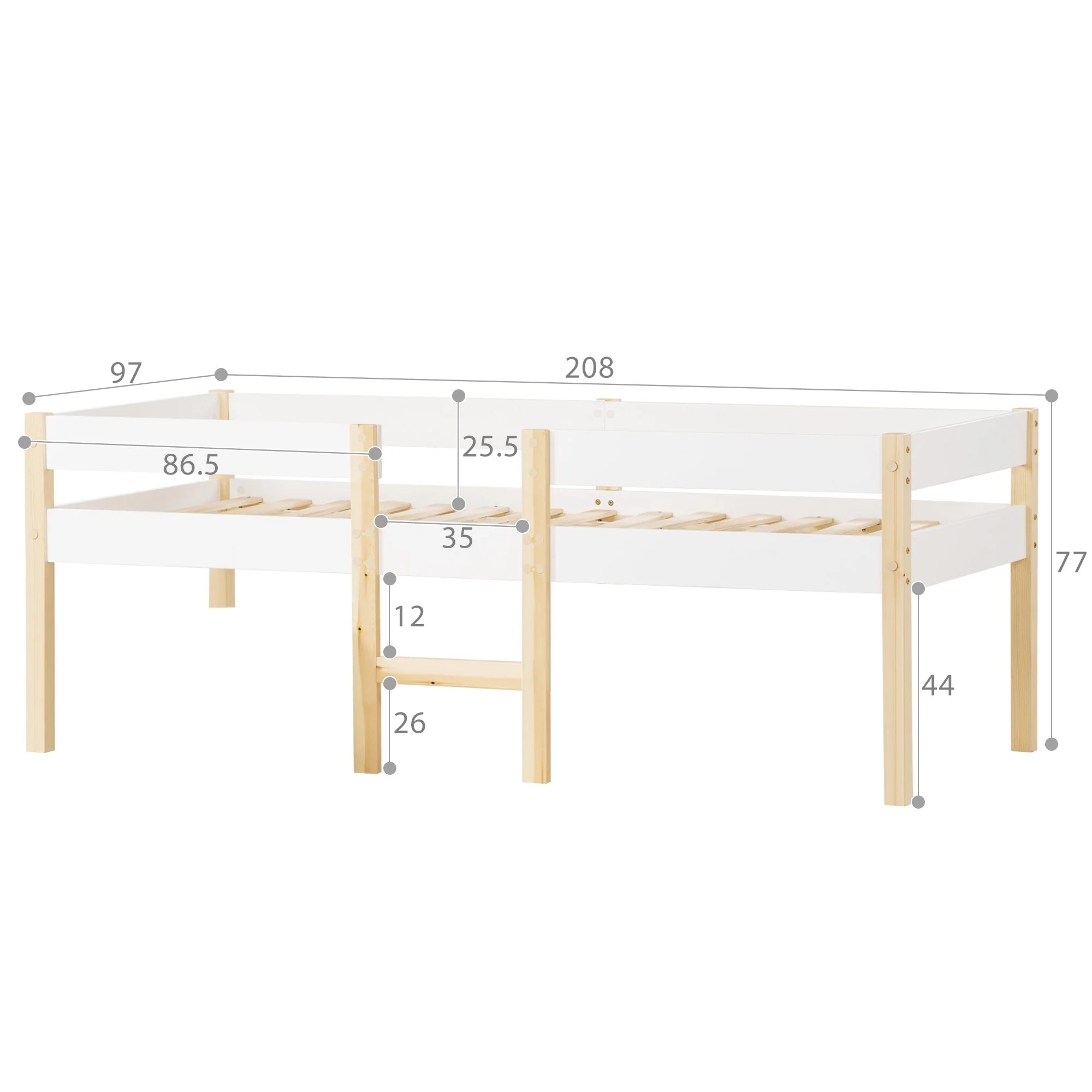 Children's bed with fall protection, 90x200 cm, solid pine wood, white & oak - Image 2
