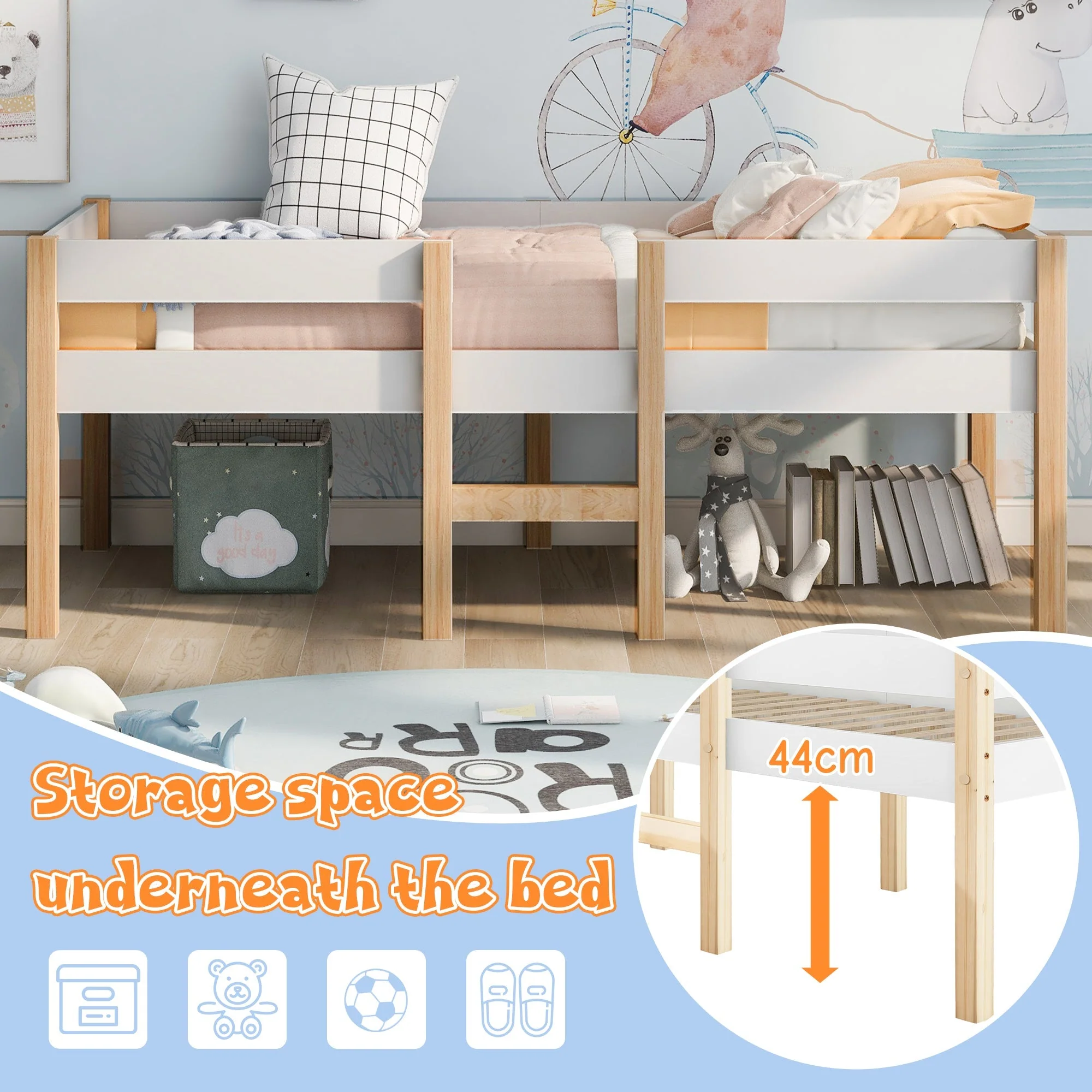 Children's bed with fall protection, 90x200 cm, solid pine wood, white & oak - Image 4