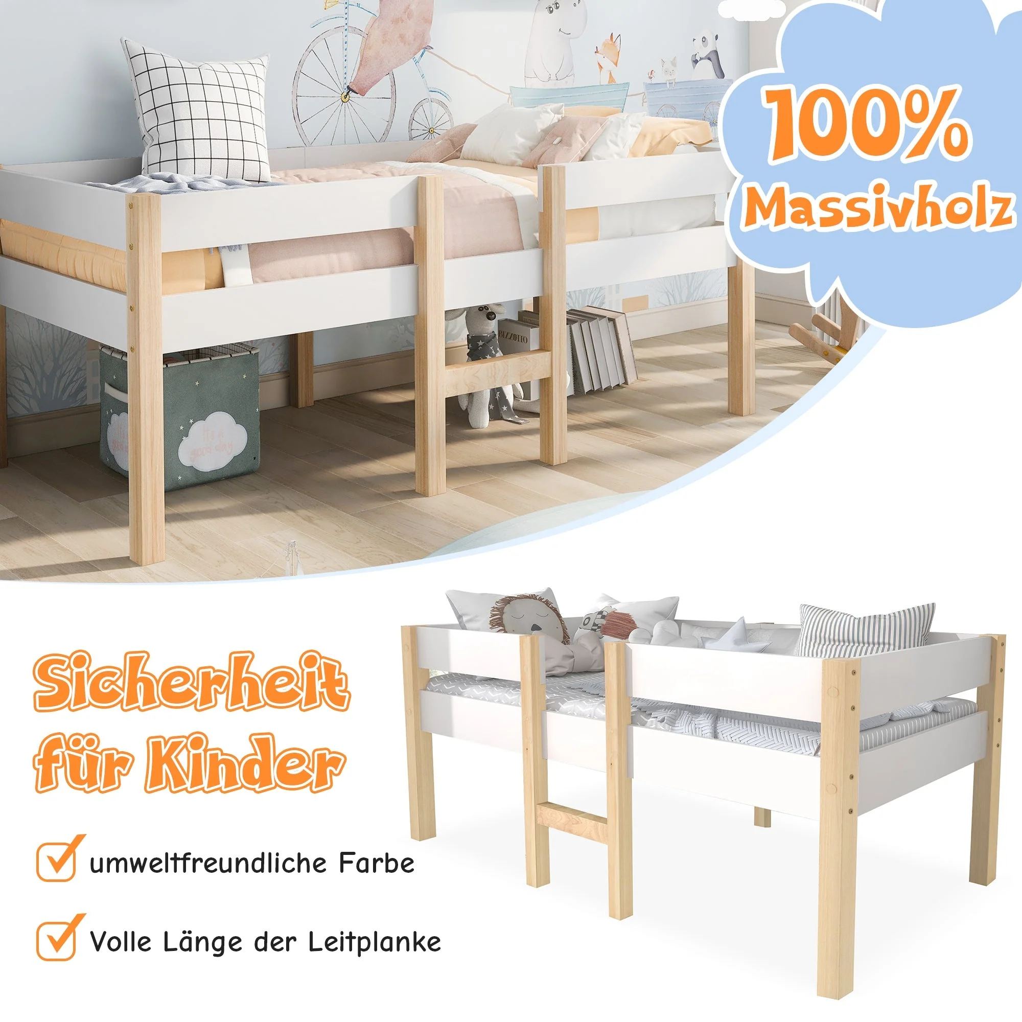 Children's bed with fall protection, 90x200 cm, solid pine wood, white & oak - Image 7