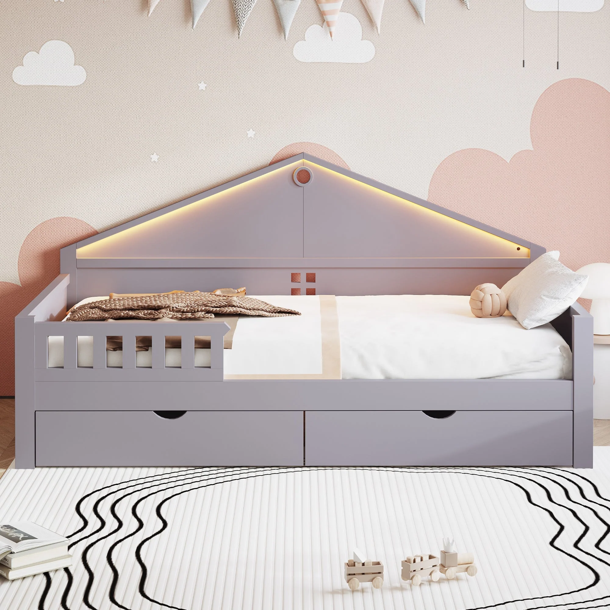 Children's Bed with LED Light Strip and Storage Drawers, 90x200 cm, Grey - Image 2