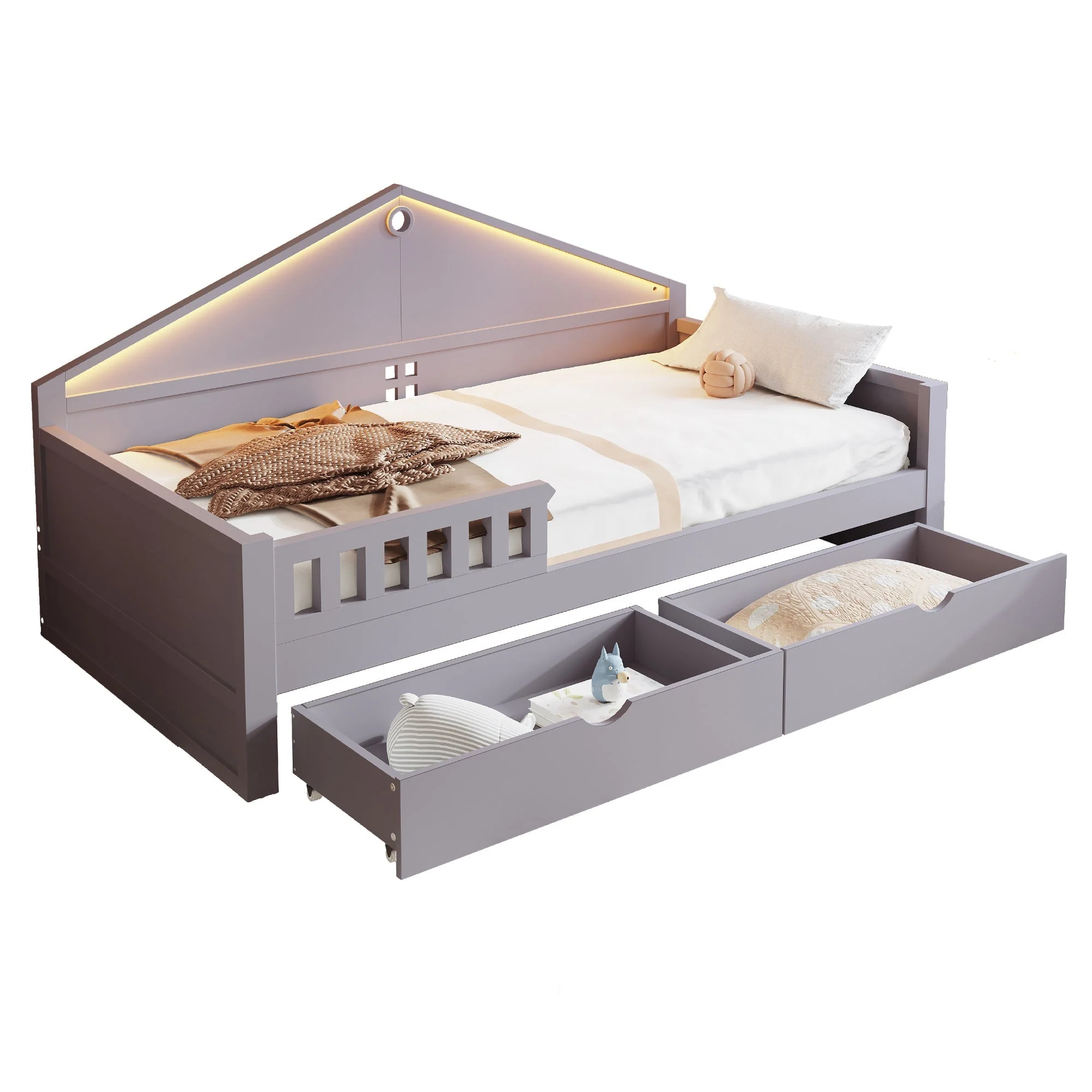 Children's Bed with LED Light Strip and Storage Drawers, 90x200 cm, Grey - Image 6
