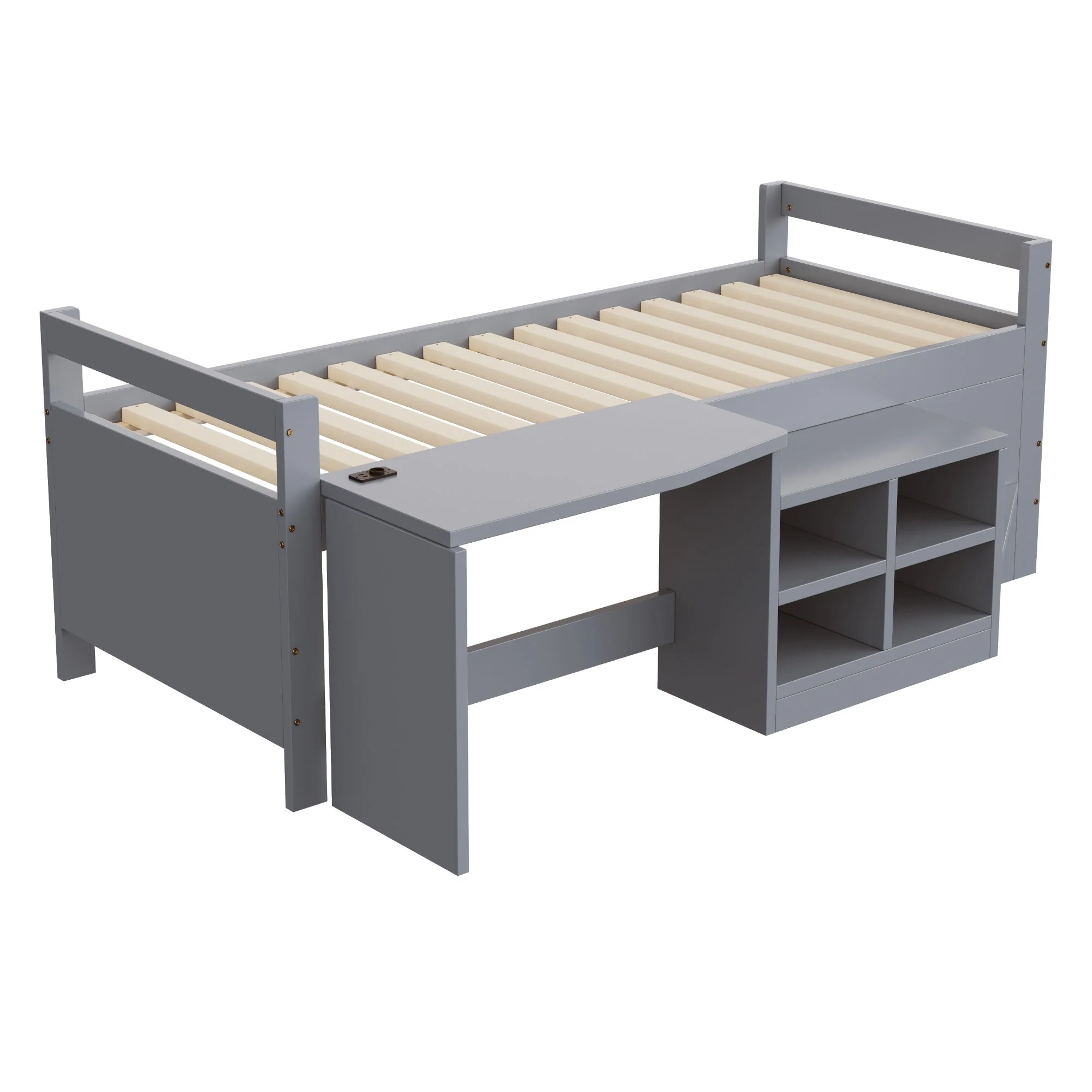 Children's Bed with Storage, Desk and European Sockets, 90x200cm, Grey Wood - Image 6