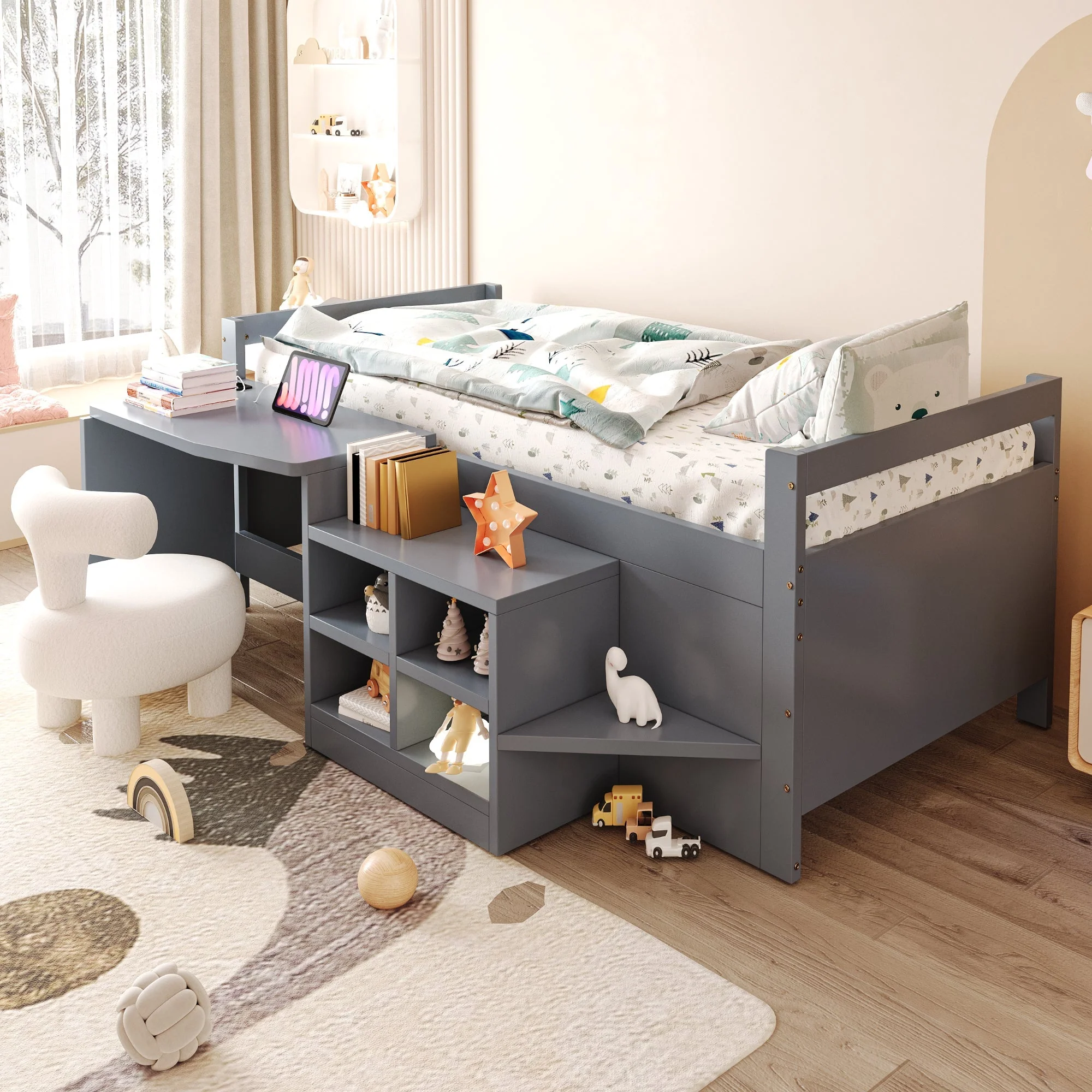 Children's Bed with Storage, Desk and European Sockets, 90x200cm, Grey Wood - Image 9