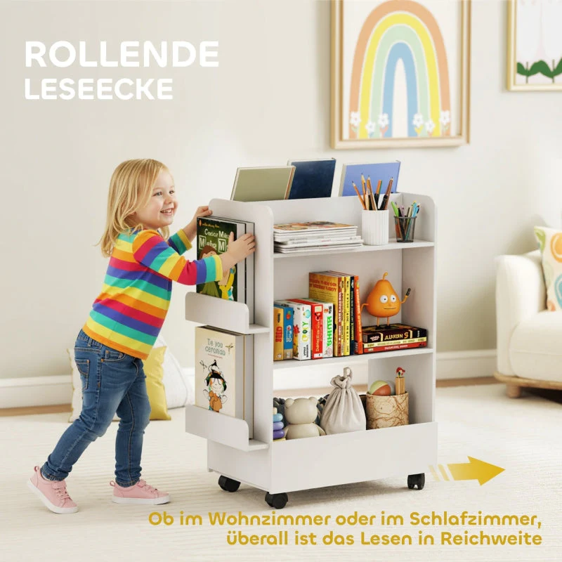 Children's Bookshelf 4 Shelves Chalkboard Wheels Storage White - Image 4