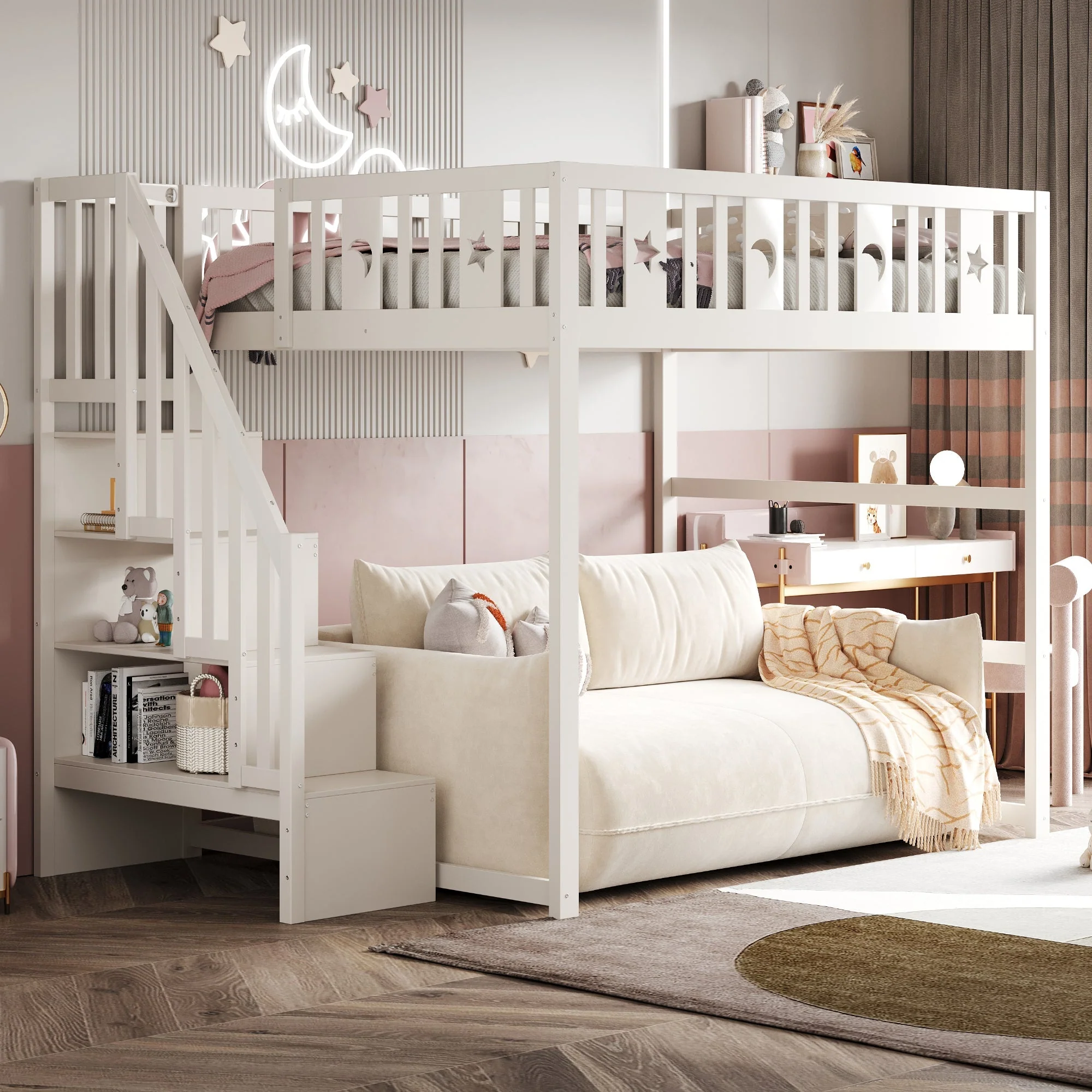 Children's Bunk Bed 140x200 Stairs Safety Railing, Solid Wood White - Image 2