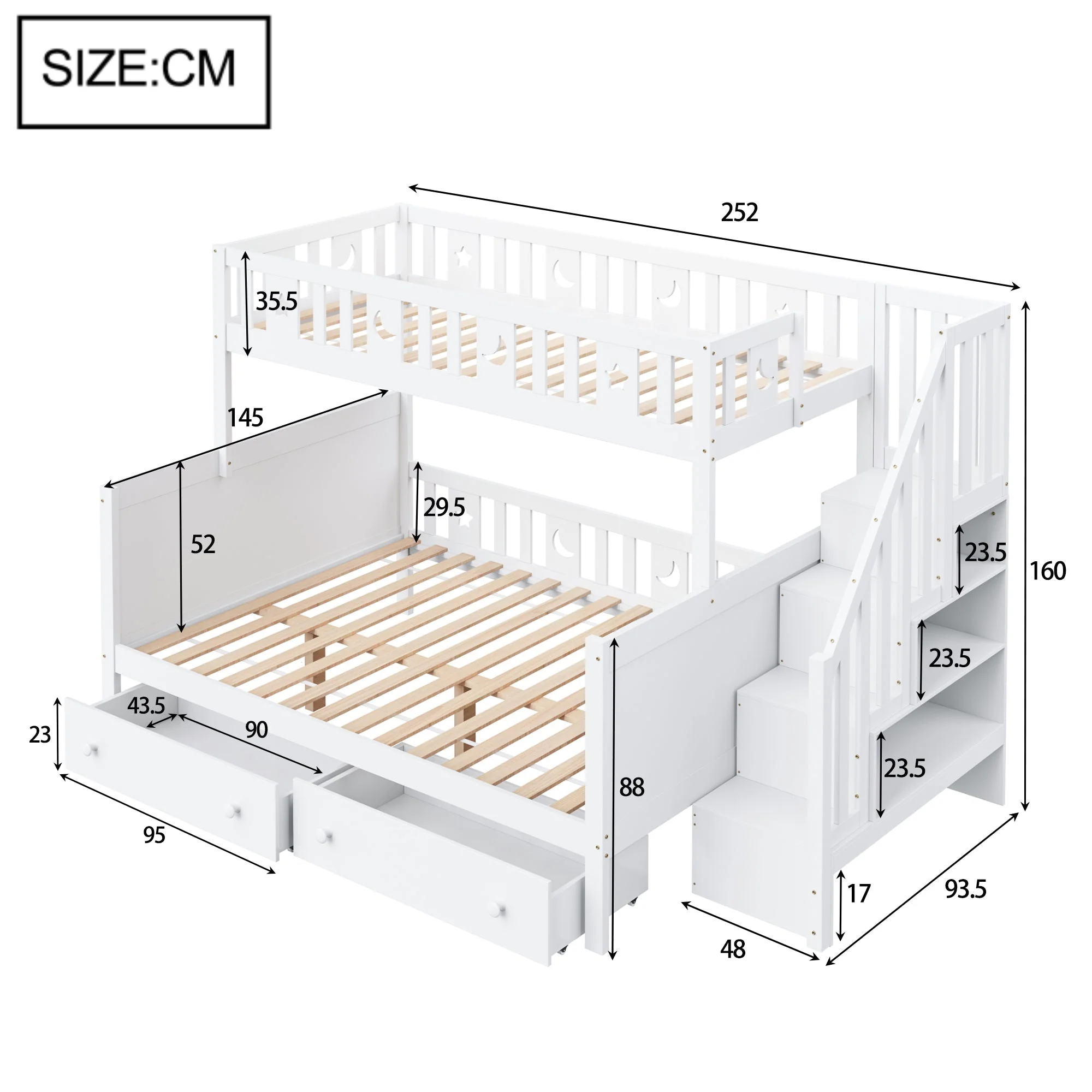 Children's Bunk Bed 90*200/140*200cm Safety Stairs Drawers Slatted Base, Solid Wood White - Image 5