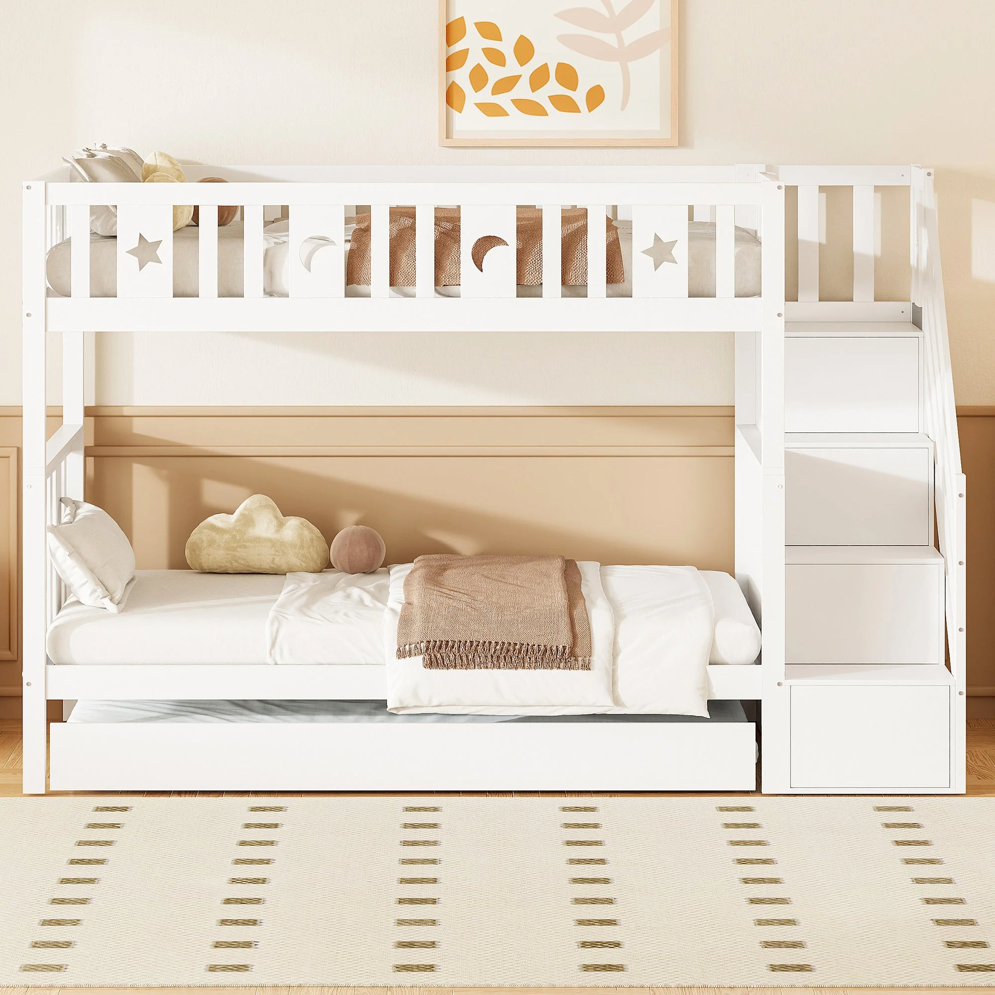 Children's Bunk Bed, 90*200 cm with Pull-out Bed, Safety & Storage Stairs, Solid Wood White - Image 3