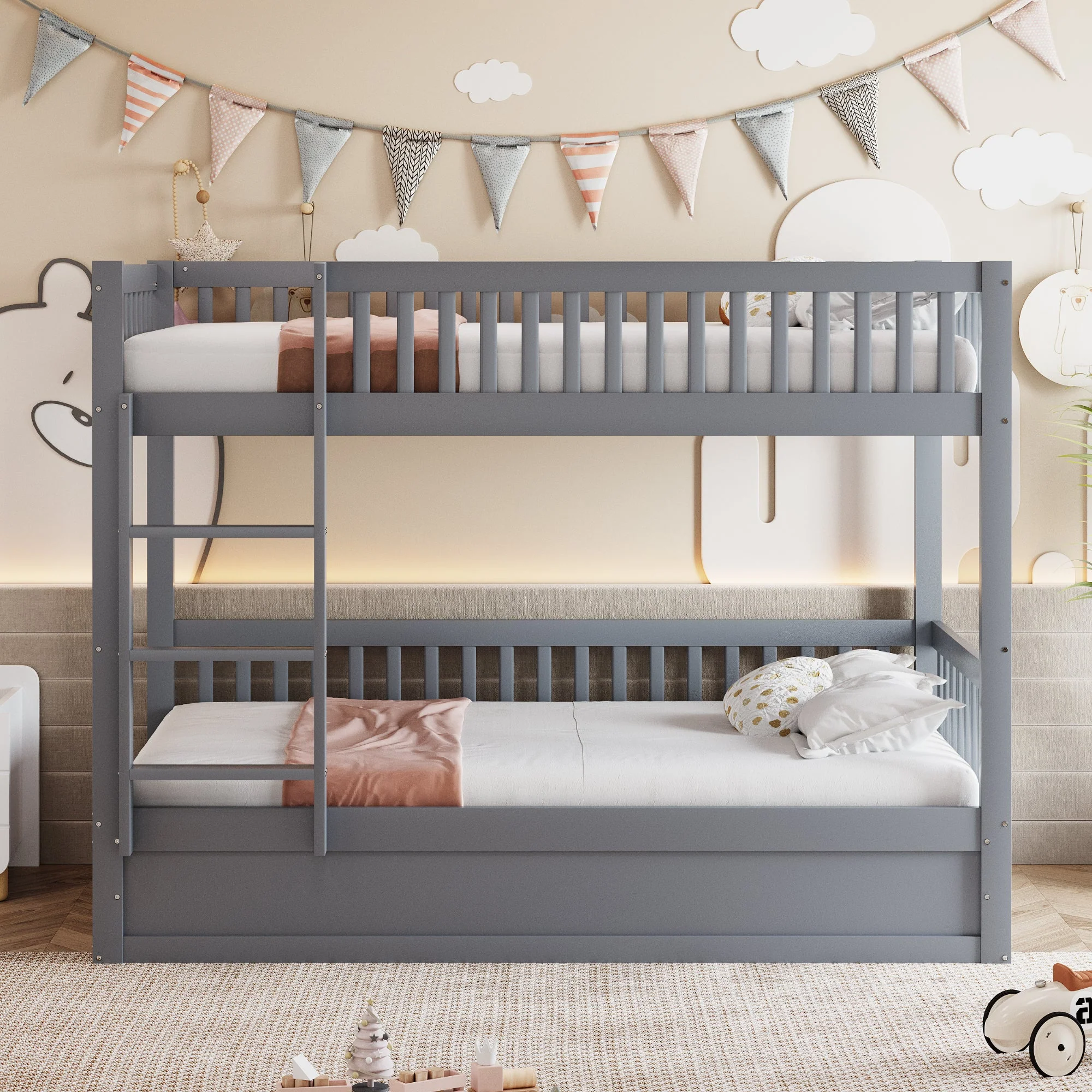 Children's Bunk Bed, 90x200 Hydraulic Storage System, Solid Wood Gray - Image 2
