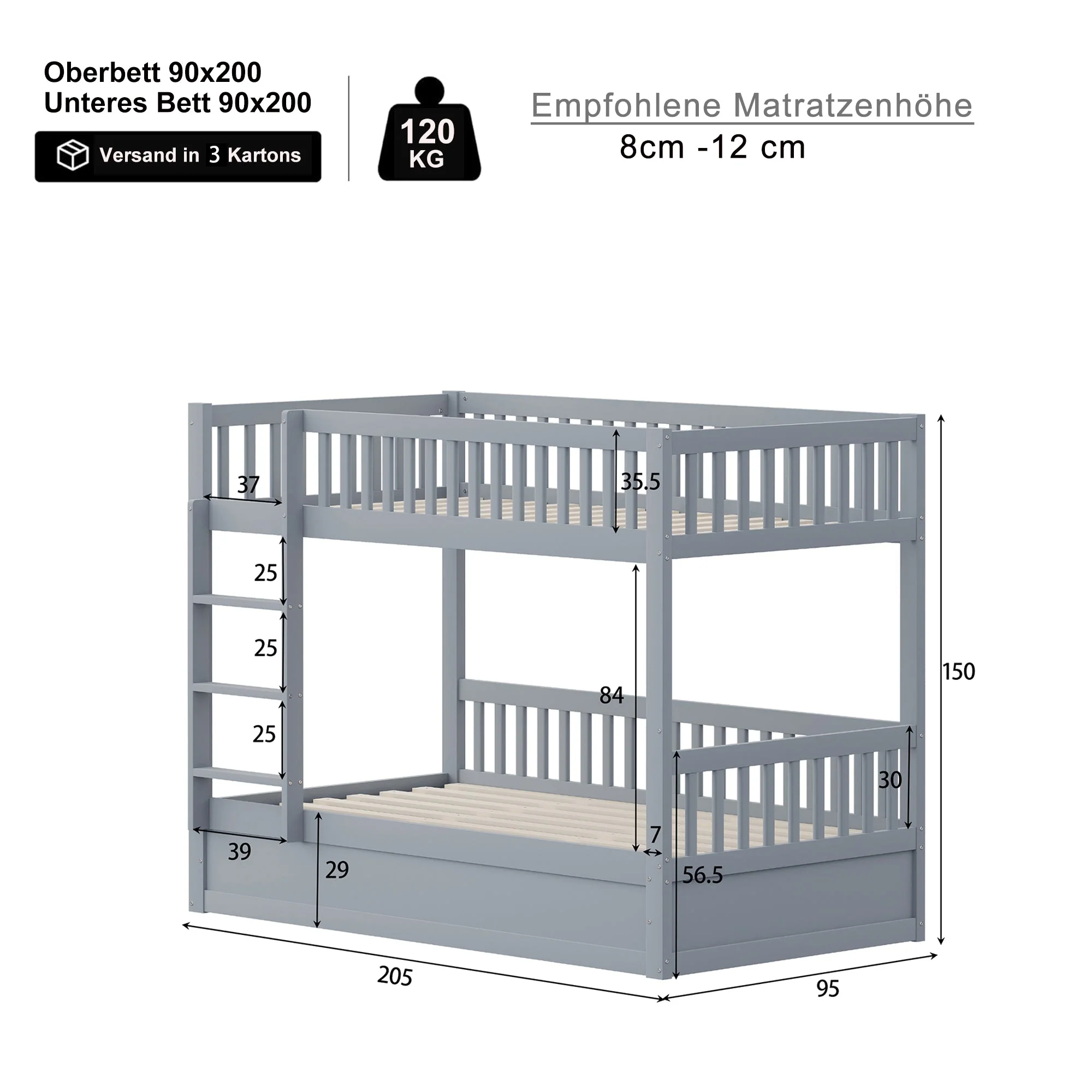Children's Bunk Bed, 90x200 Hydraulic Storage System, Solid Wood Gray - Image 6