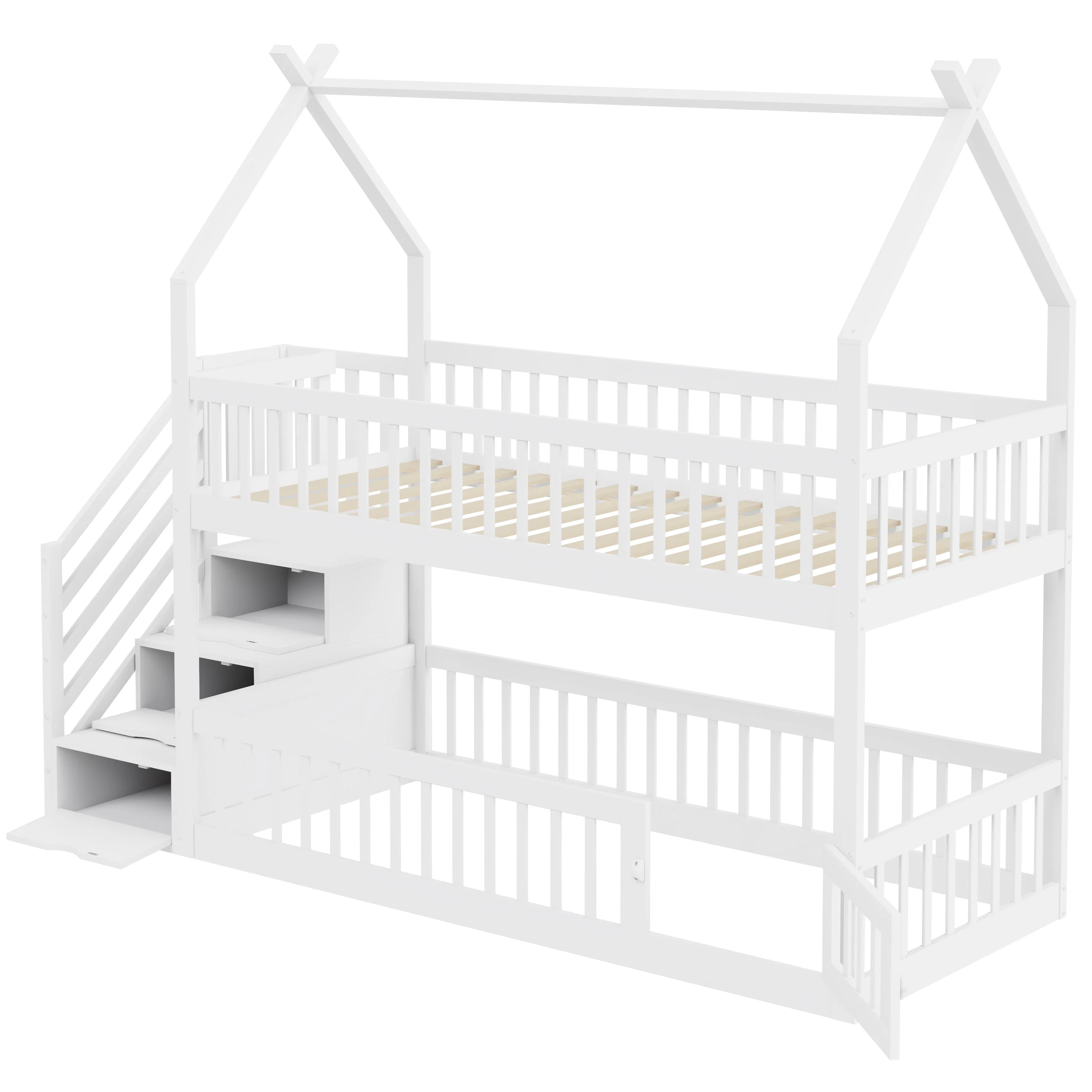 Children's Bunk Bed, 90x200, with Roof, Safety Ladder & Storage Drawers, Solid Wood White - Image 5