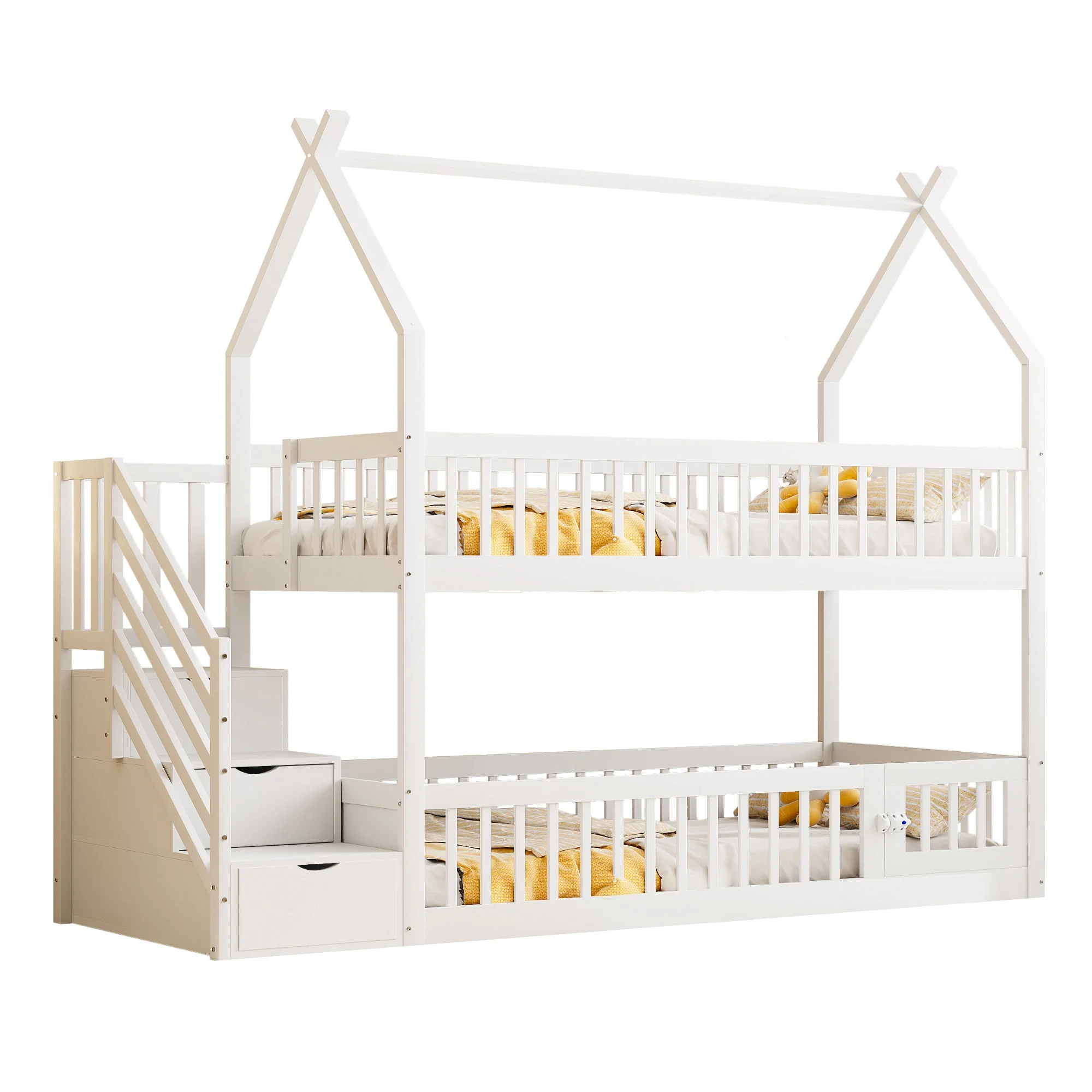 Children's Bunk Bed, 90x200, with Roof, Safety Ladder & Storage Drawers, Solid Wood White - Image 8