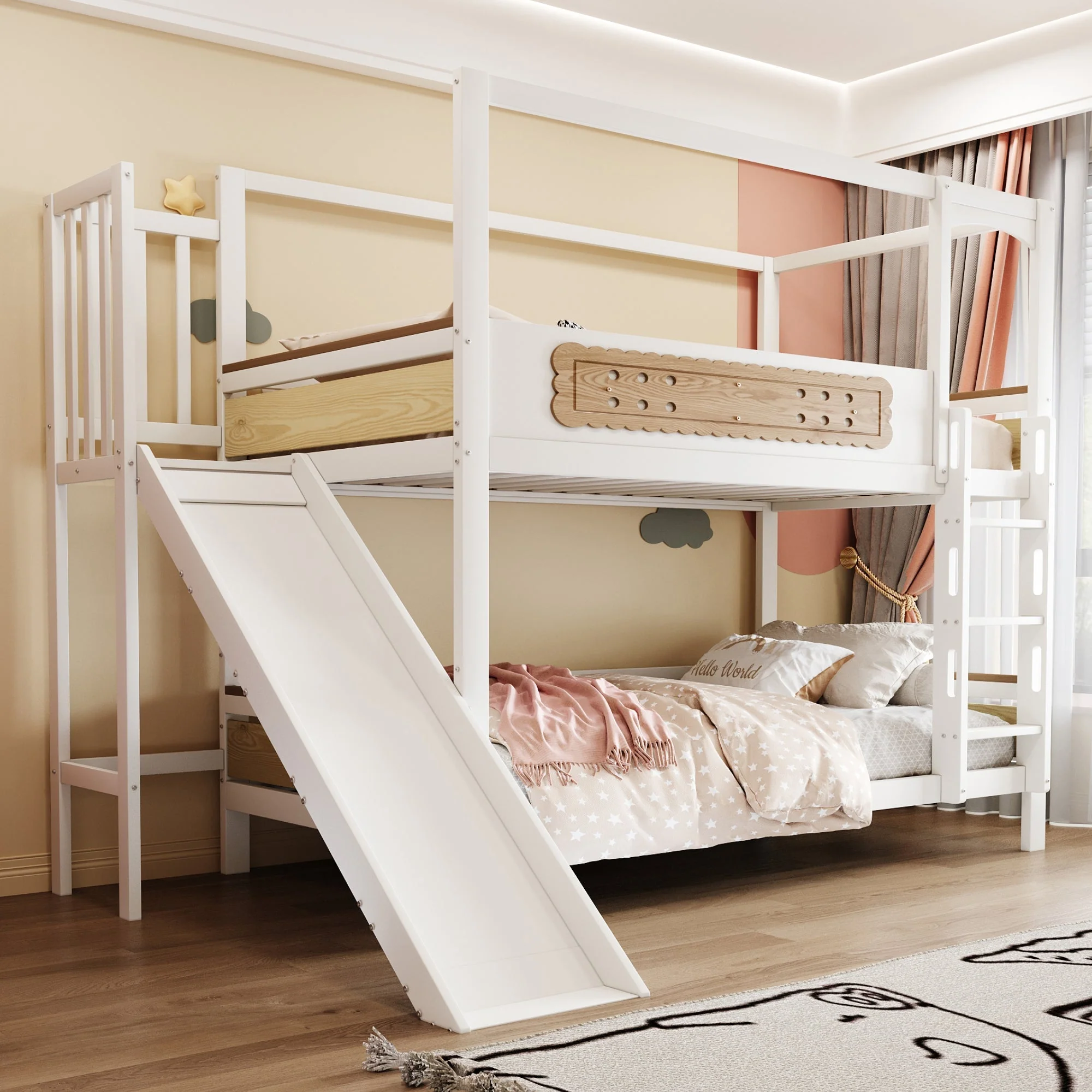 Children's Bunk Bed 90x200cm House Frame Slide Safety Ladder Wood Color - Image 3