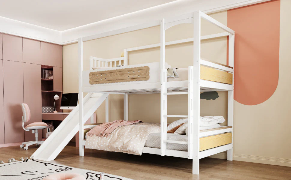 Children's Bunk Bed 90x200cm House Frame Slide Safety Ladder Wood Color - Image 4