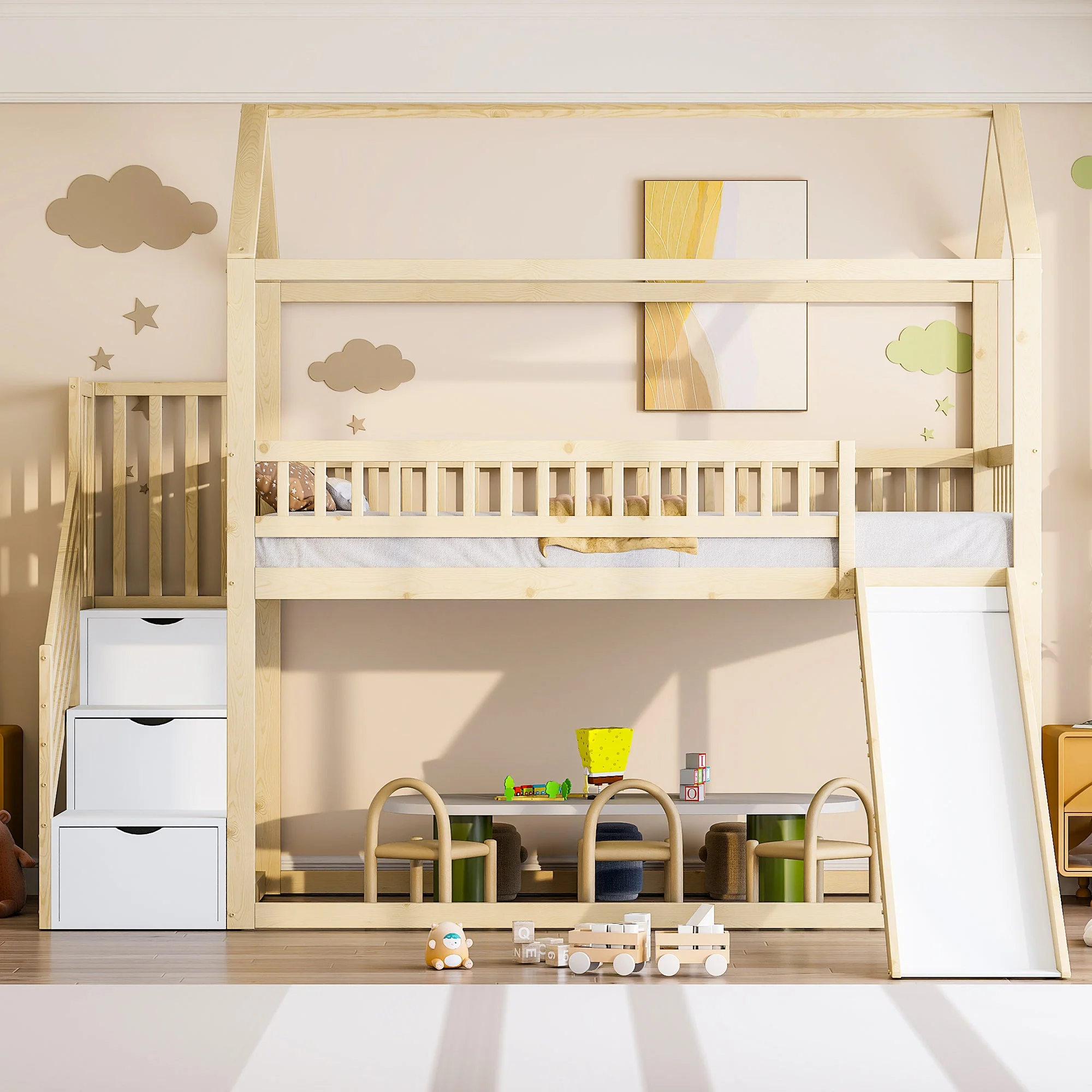 Children's Bunk Bed 90x200cm, Loft with Slide & Storage Ladder, Solid Wood - Image 2