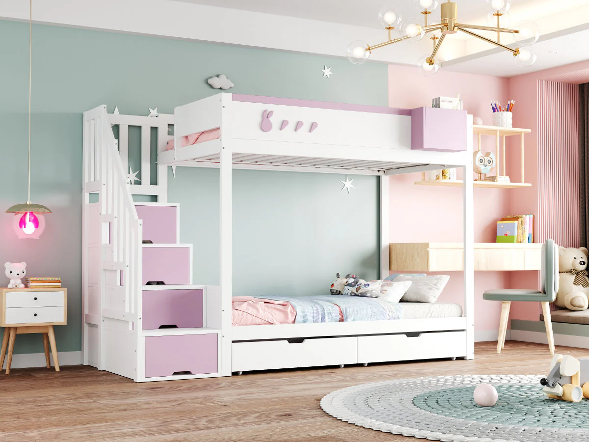 Children's Bunk Bed 90x200cm Rabbit & Carrot Motif Storage Ladder Drawers, White & Pink - Image 7