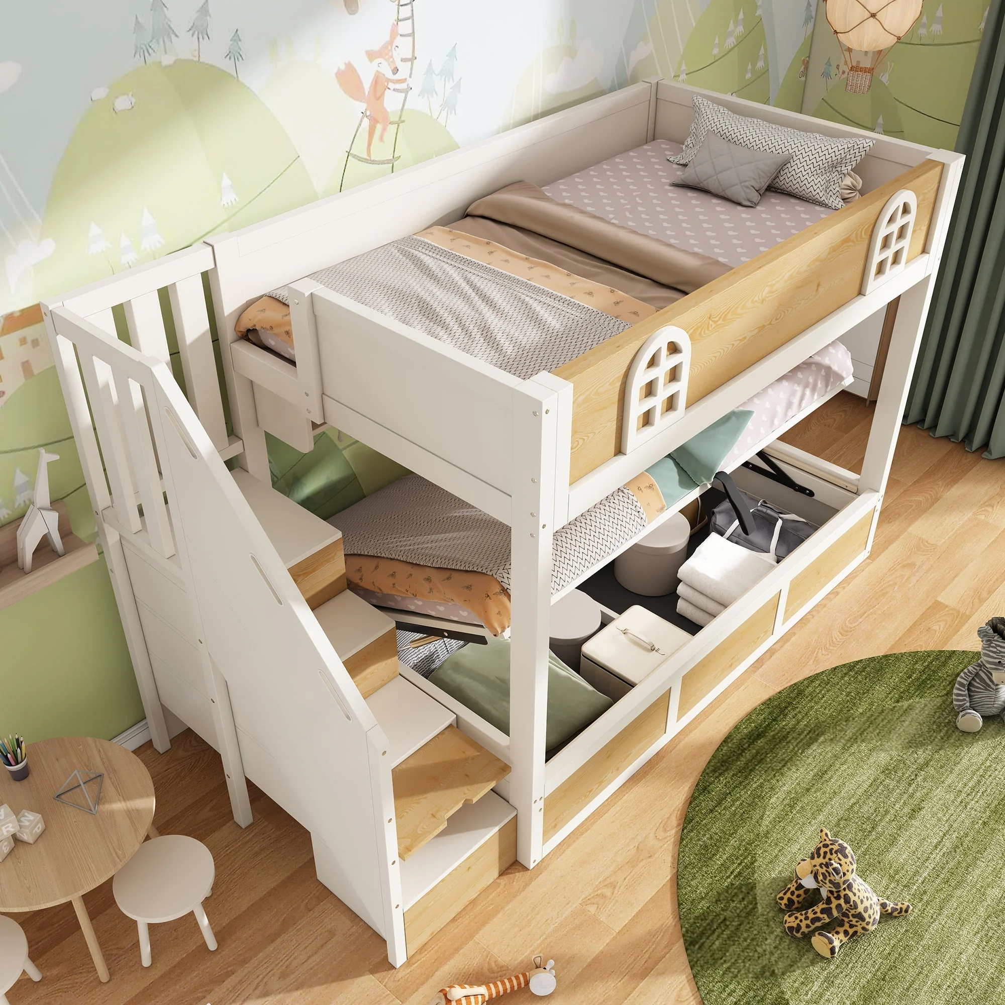 Children's Bunk Bed 90x200cm Staircase Wardrobe Storage White and Natural - Image 10