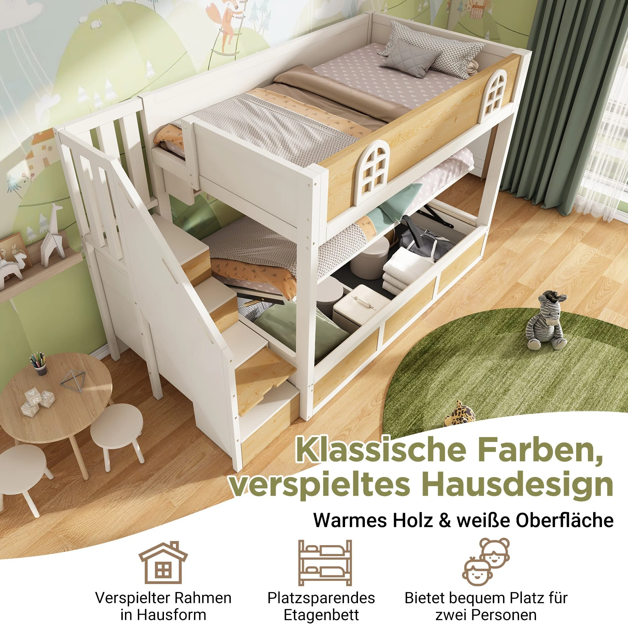 Children's Bunk Bed 90x200cm Staircase Wardrobe Storage White and Natural - Image 3
