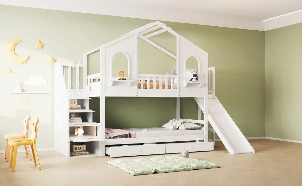 Children's Bunk Bed House-Shaped with Slide & Storage, 90x200cm, White - Image 4