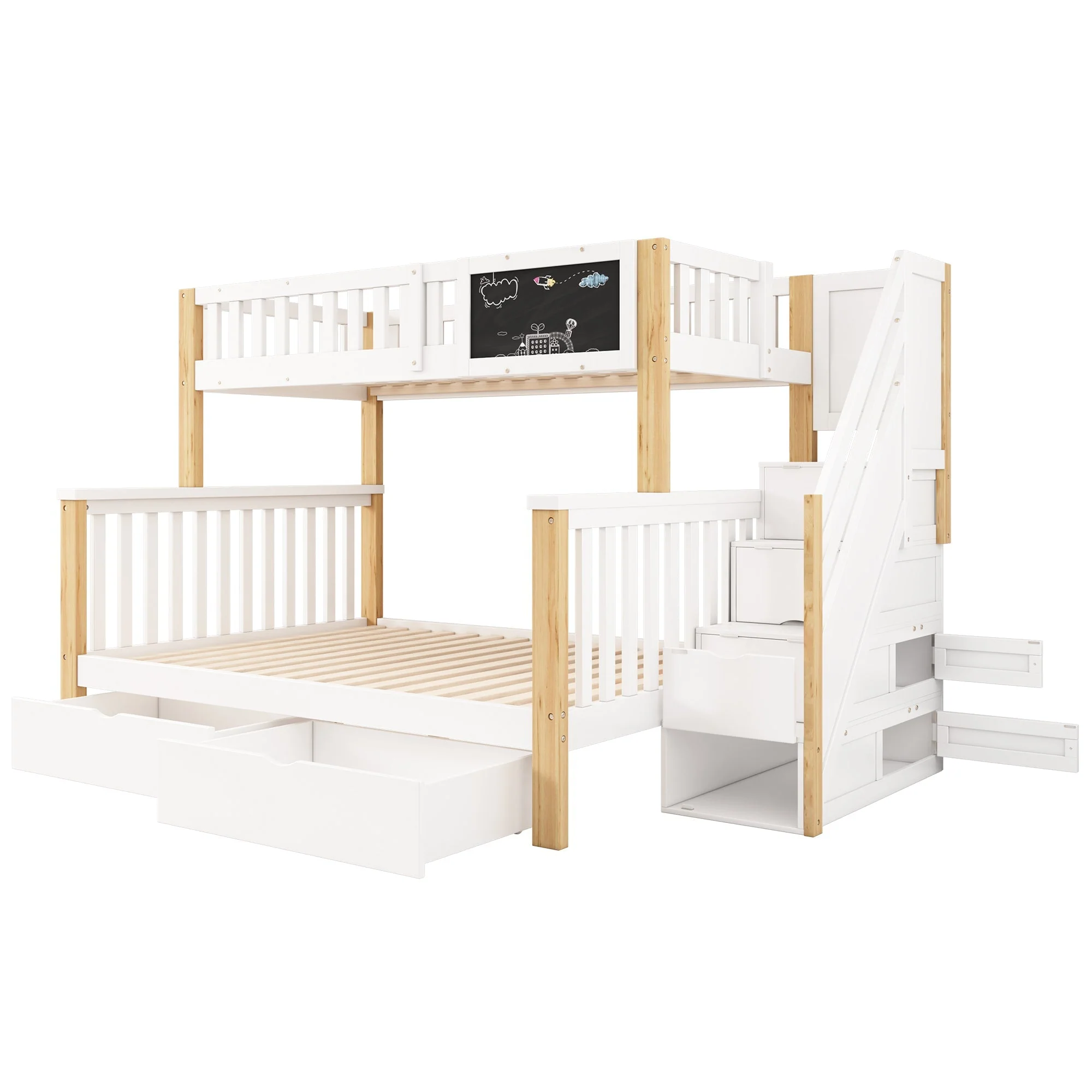 Children's Bunk Bed Multifunctional Chalkboard Drawers 90x200/140x200 - White/Light Oak - Image 10