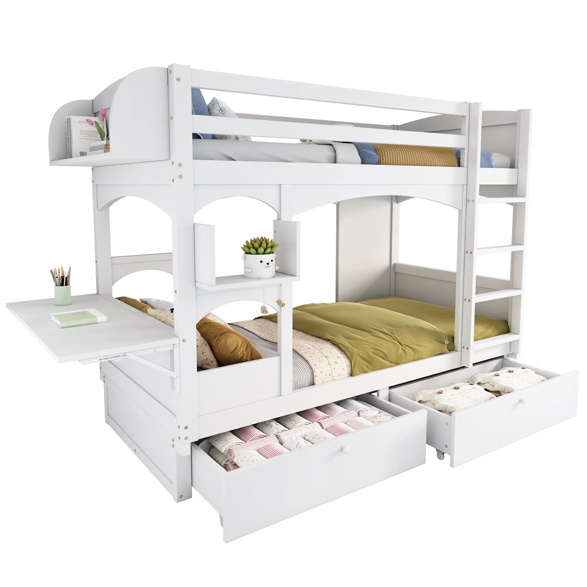 Children's Bunk Bed Multifunctional Double Bed with Desk, Shelf, 2 Drawers, Solid Wood White - Image 5