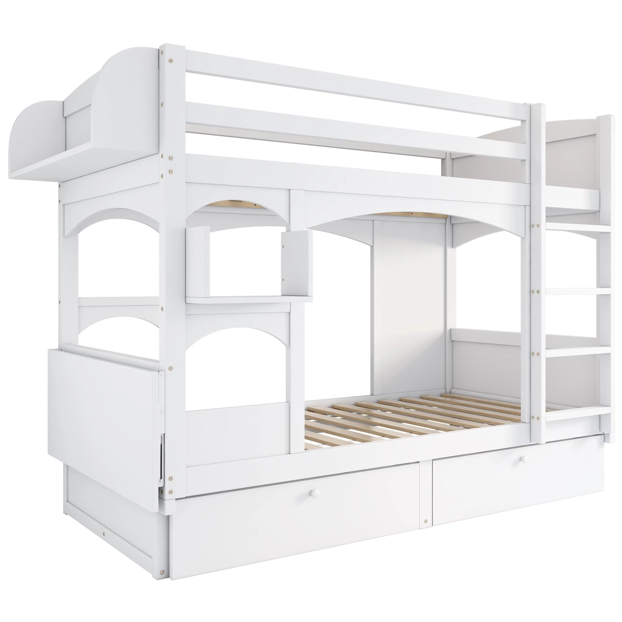 Children's Bunk Bed Multifunctional Double Bed with Desk, Shelf, 2 Drawers, Solid Wood White - Image 7