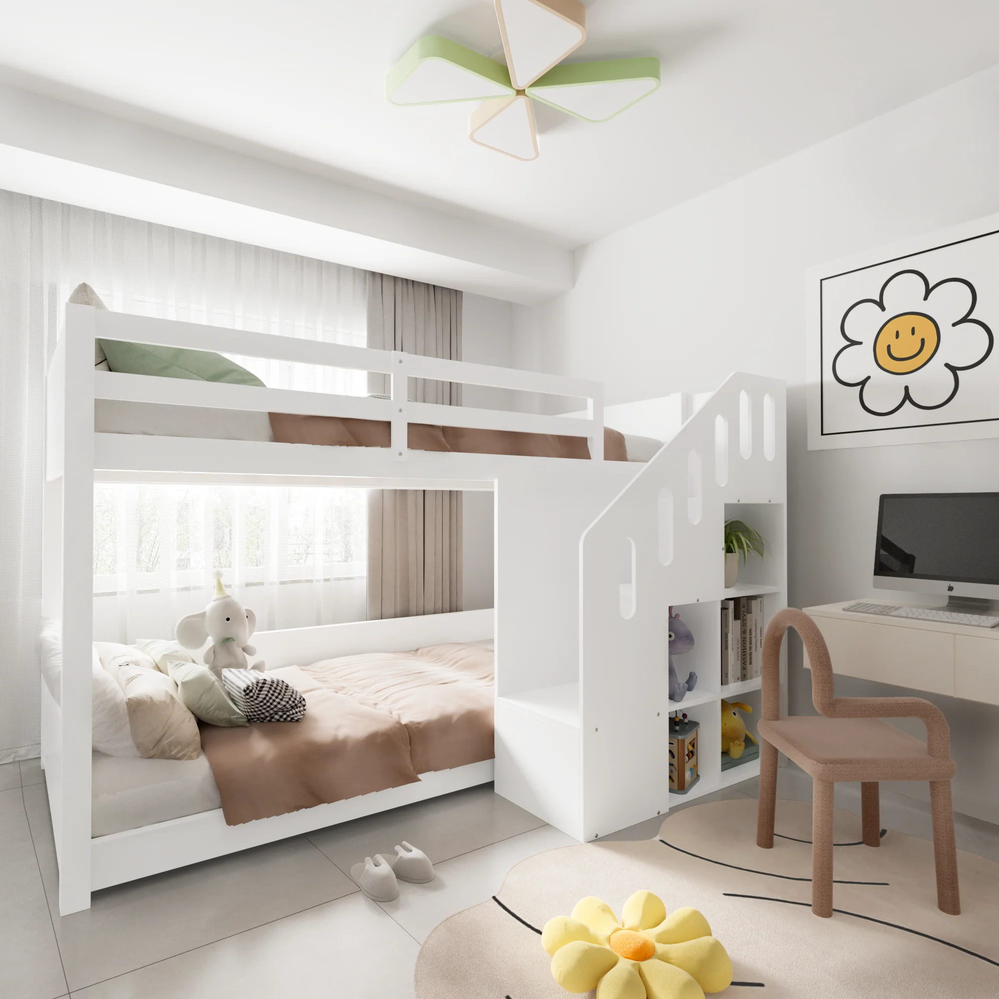 Children's Bunk Bed, Multifunctional with Stairs & Storage, 2 Single Beds (3ft), White - Image 3