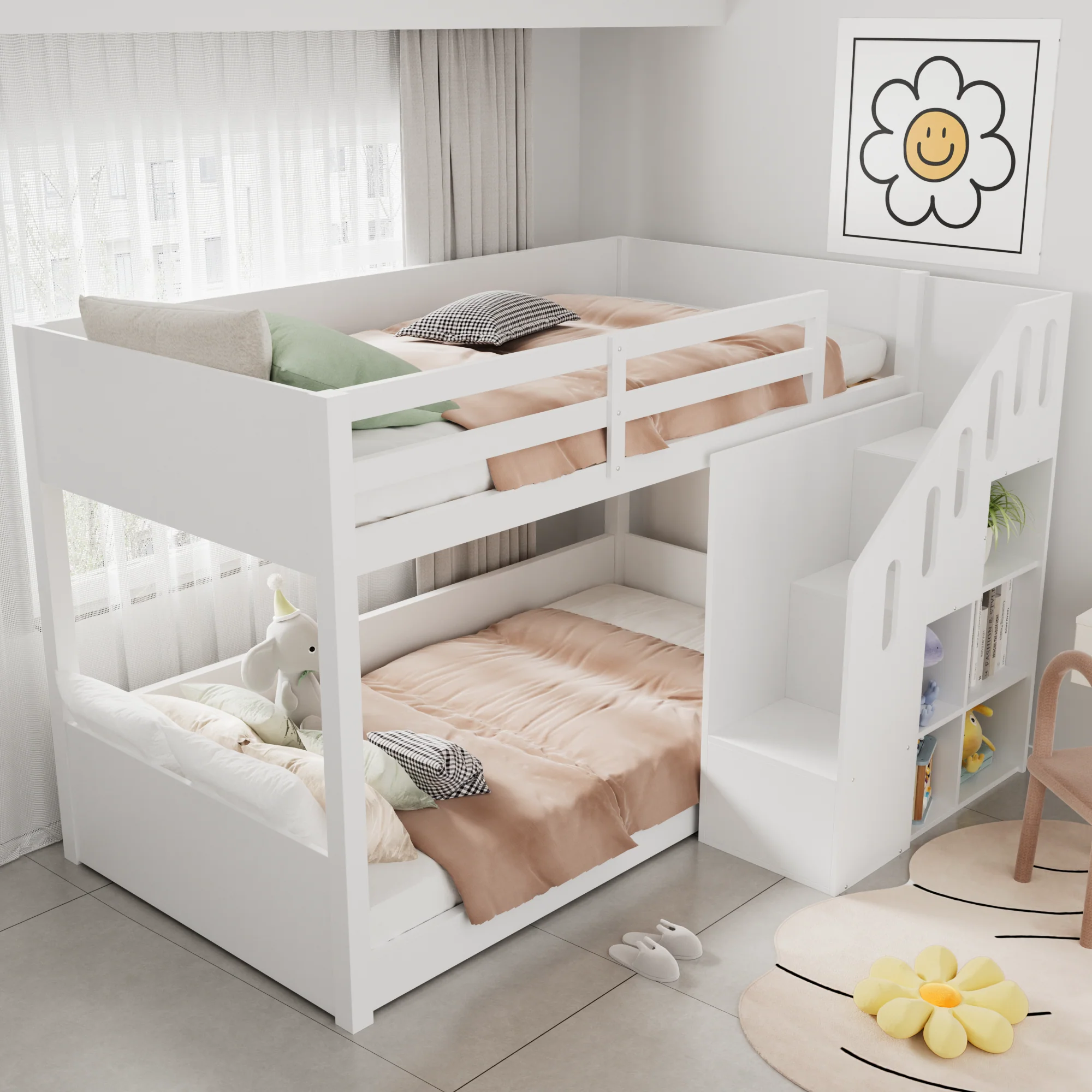 Children's Bunk Bed, Multifunctional with Stairs & Storage, 2 Single Beds (3ft), White - Image 4