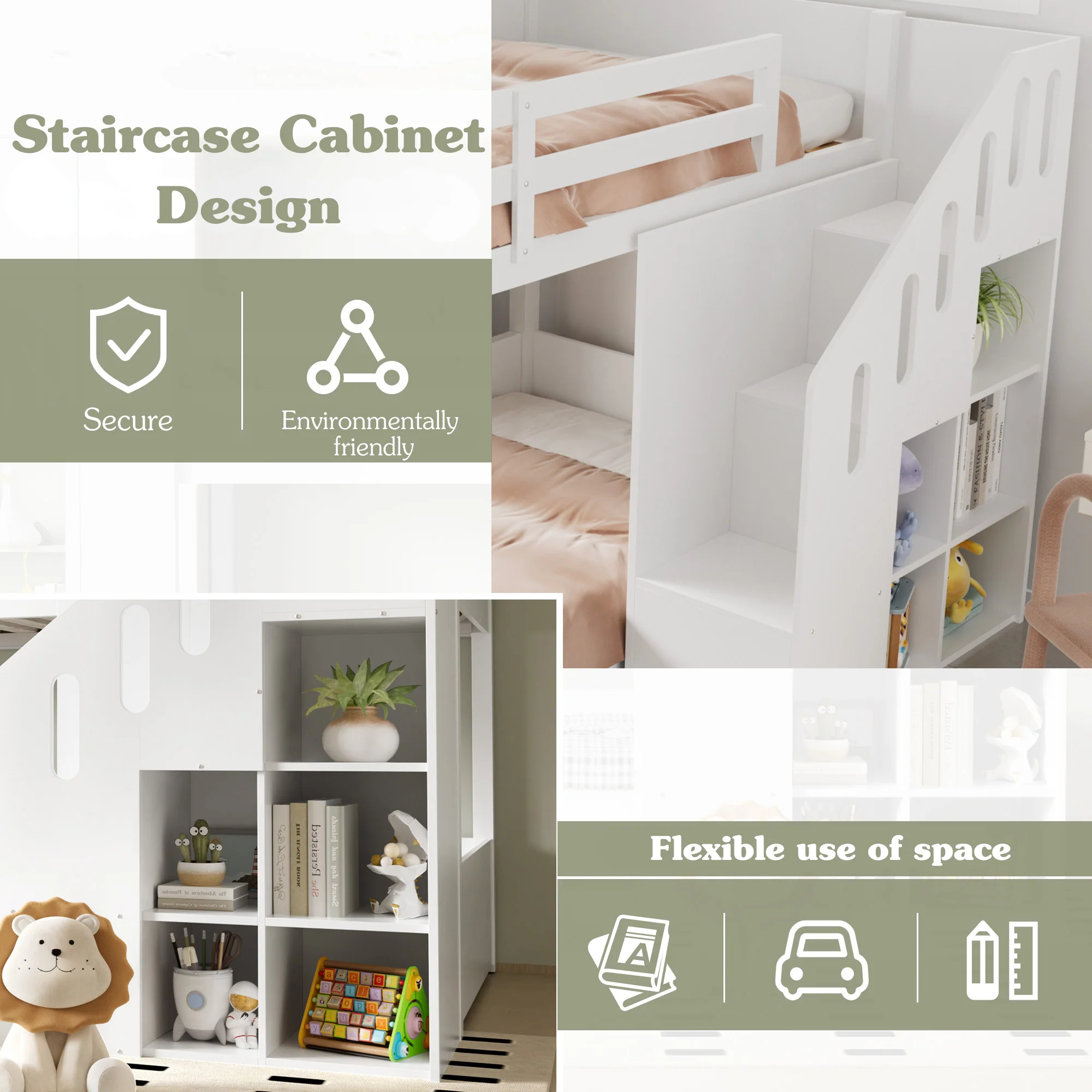 Children's Bunk Bed, Multifunctional with Stairs & Storage, 2 Single Beds (3ft), White - Image 5