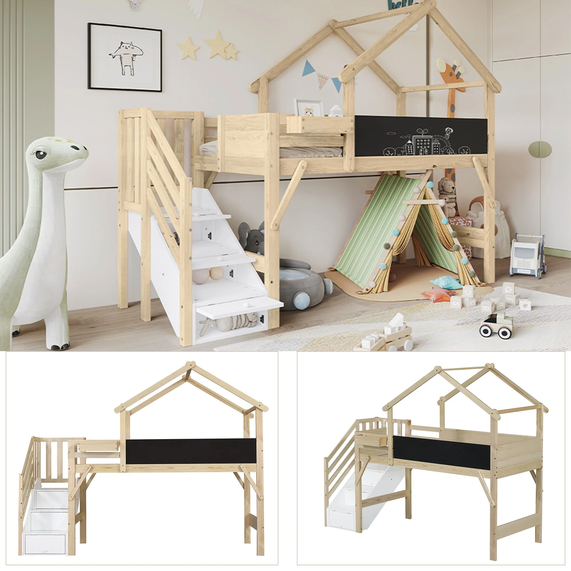Children's Bunk Bed Roof Design Chalkboard Storage Stairs 90x200cm, White/Natural Pine/MDF/Plywood - Image 6