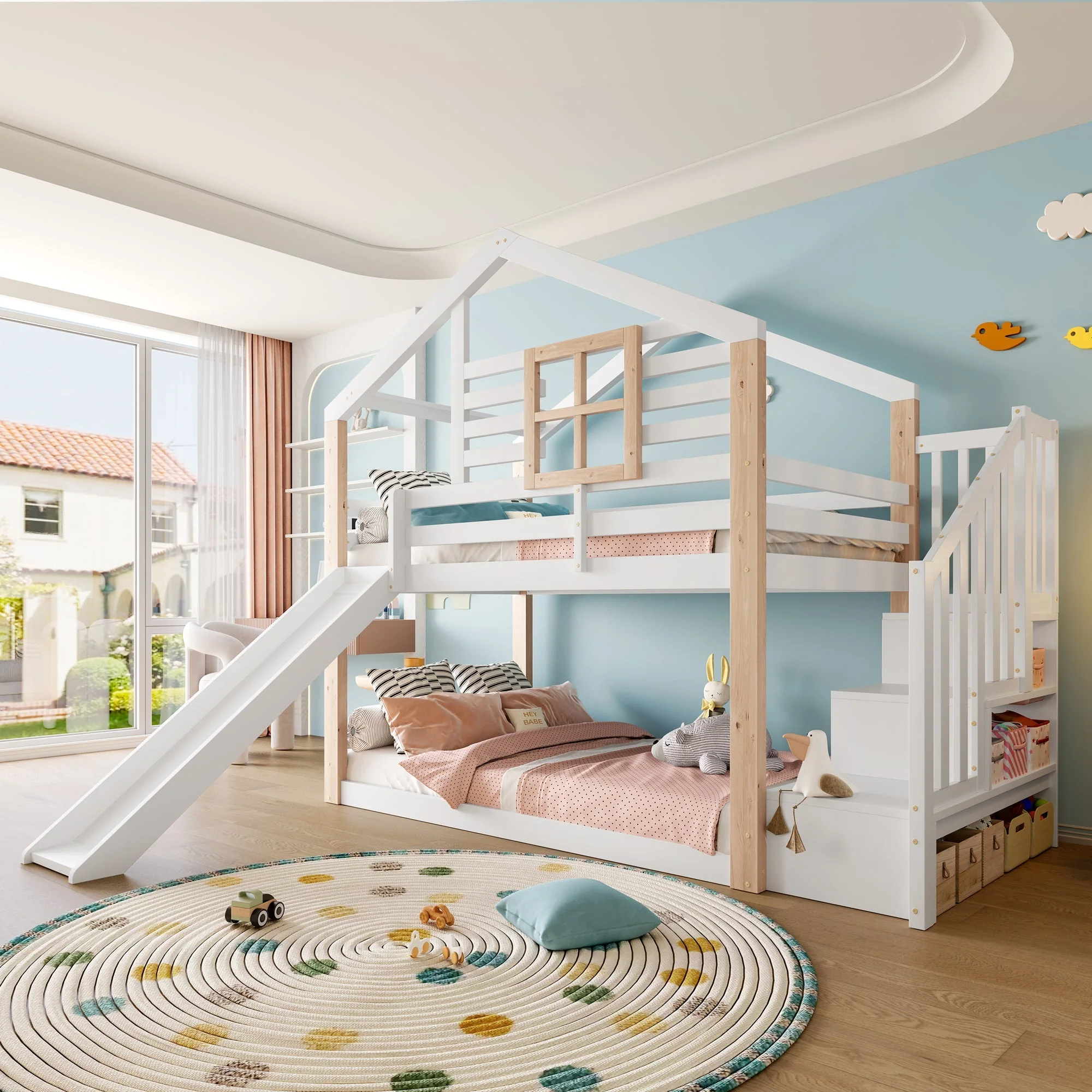 Children's Bunk Bed Slide Stairs Storage Scandinavian Solid Wood