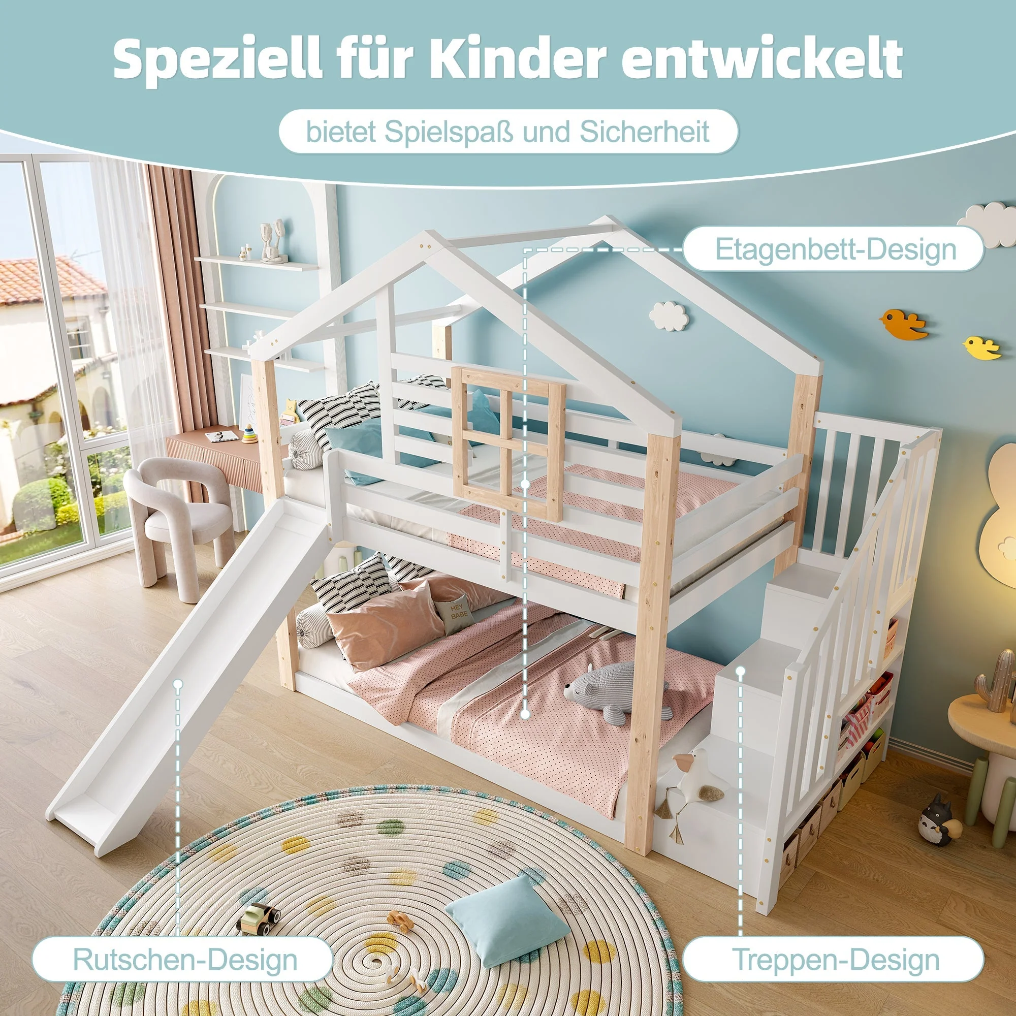Children's Bunk Bed Slide Stairs Storage Scandinavian Solid Wood - Image 5