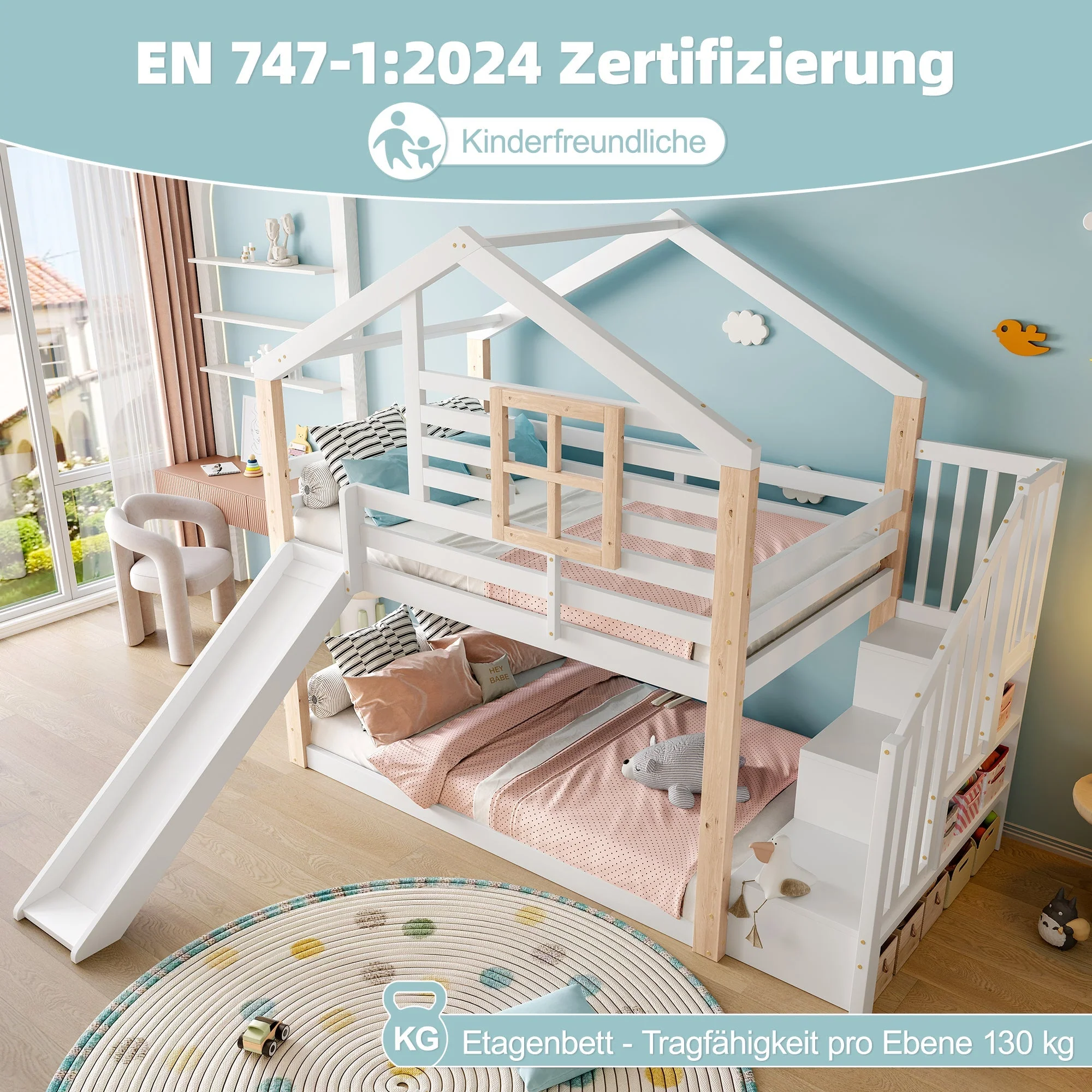 Children's Bunk Bed Slide Stairs Storage Scandinavian Solid Wood - Image 7