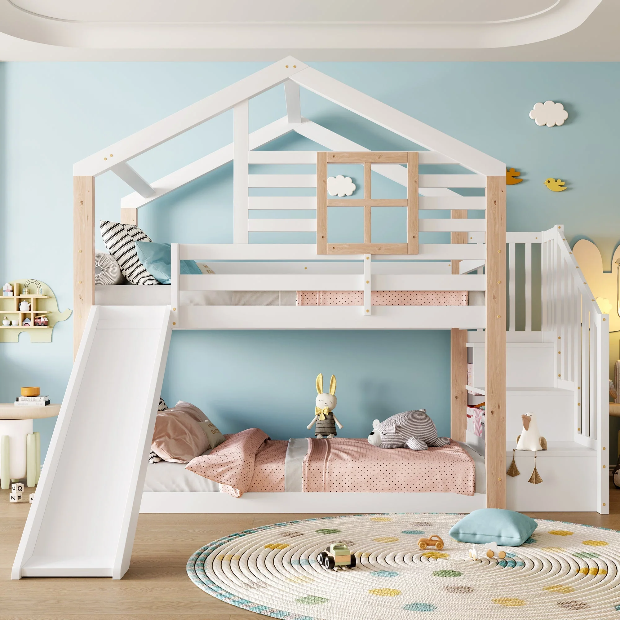 Children's Bunk Bed Slide Stairs Storage - Solid Wood Scandinavian Style - Image 9