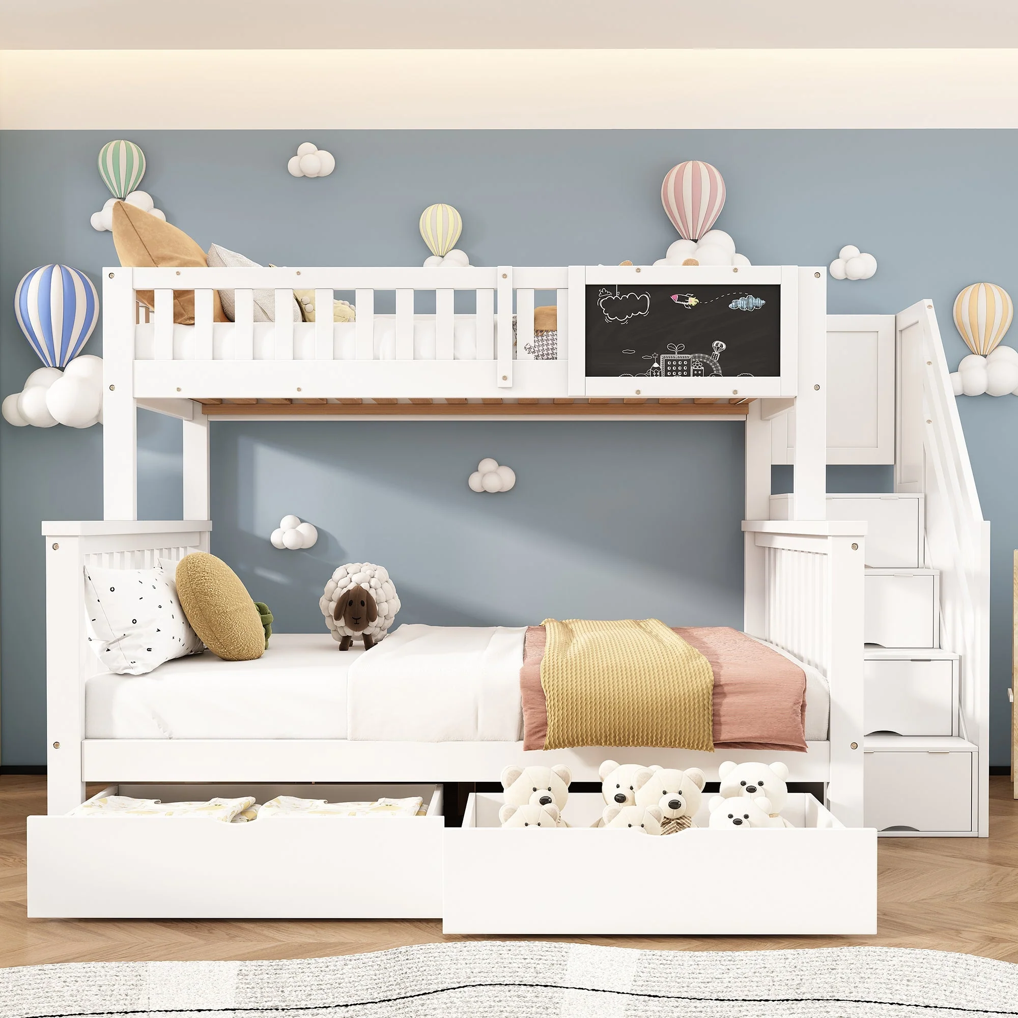 Children's Bunk Bed with Chalkboard and Drawers, 90x200 & 140x200cm, White - Image 2